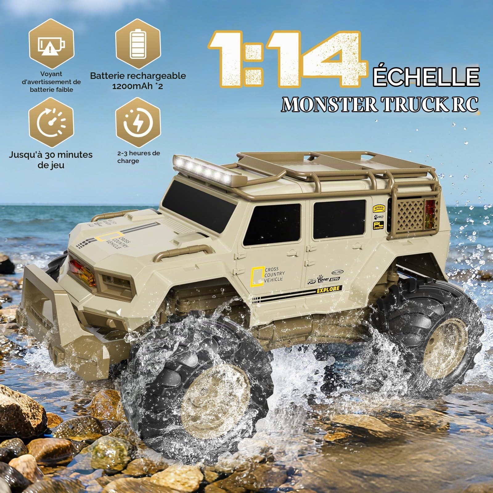 1:14 Voiture Télécommandée, 2.4GHz Voitures Telecommandé Enfant, avec Lumières LED, 360°Rotation, Voiture RC Tout Terrain pour Garçon et Homme (Kaki)