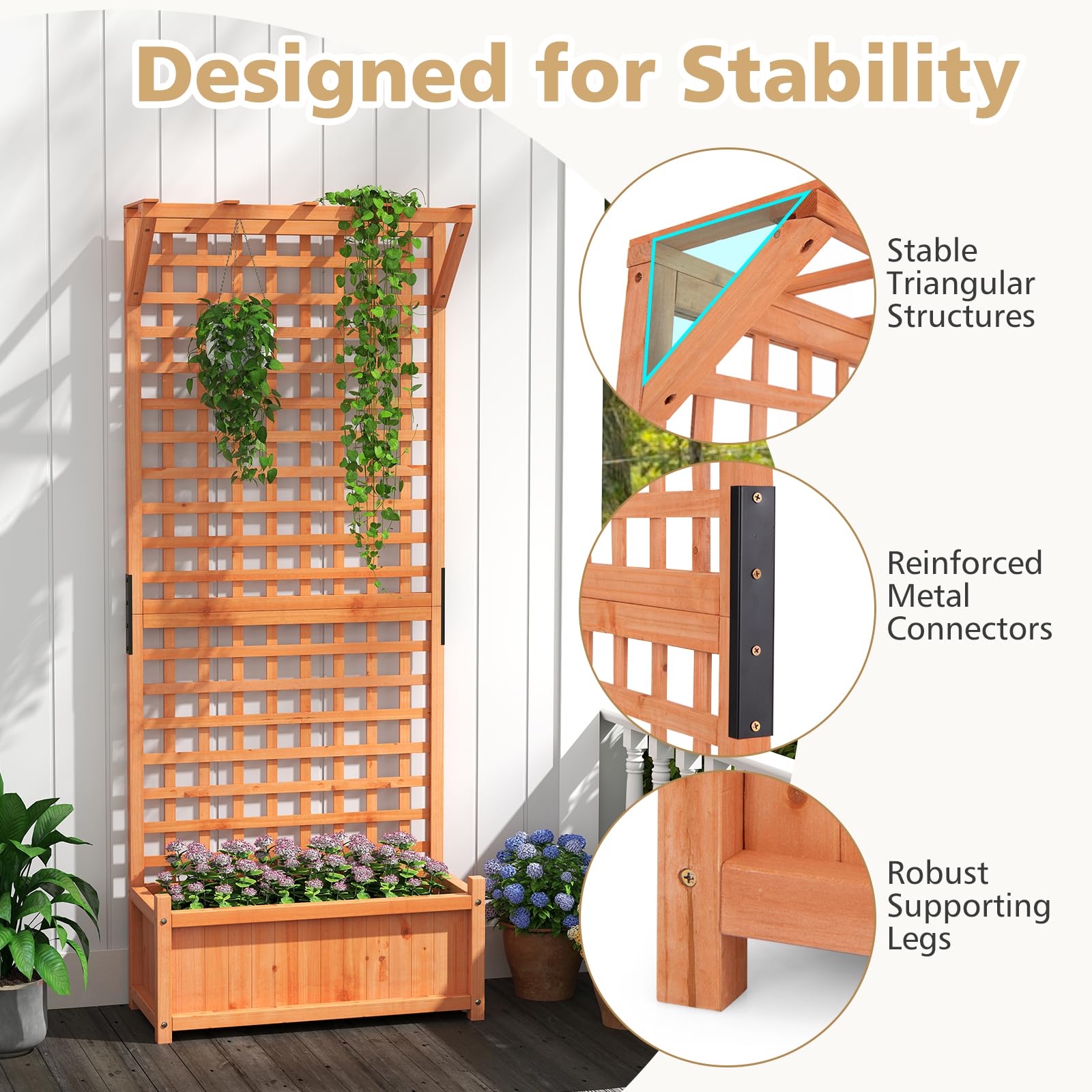 GOPLUS Jardinière avec Treillis 183cm en Bois de Sapin, Trou de Drainage pour Plantes Grimpantes, Fleurs, Bac à Fleurs avec Treillis pour Cour, Jardin, Balcon, 75x33x183cm