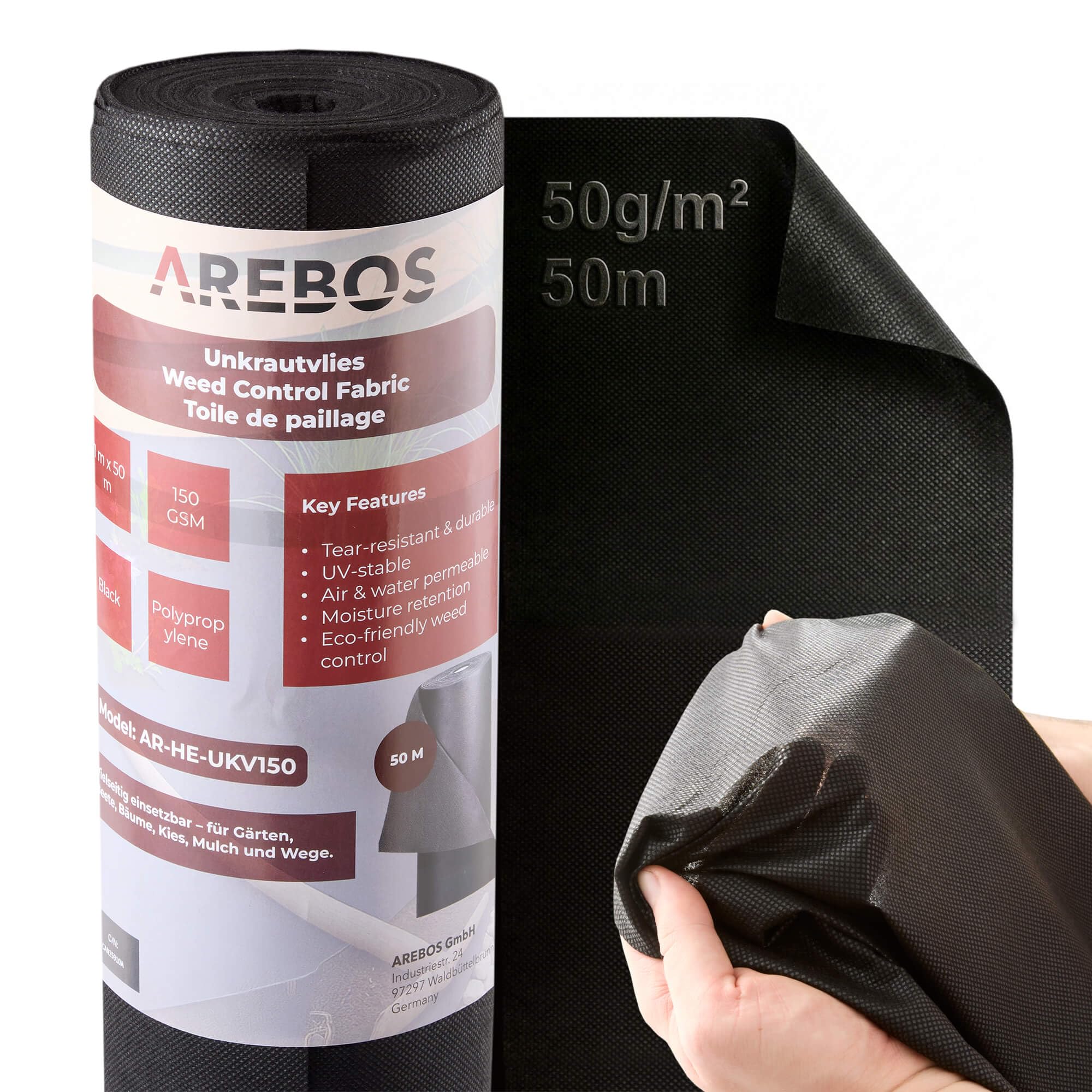 Arebos Unkrautvlies Wasserdurchlässig 50 g/m² | Unkrautfolie & Gartenvlies gegen Unkraut | Unkrautflies Reißfest & UV-stabilisiert | Bodenvlies für Beete, Wege & Kies (1 x 50 m)