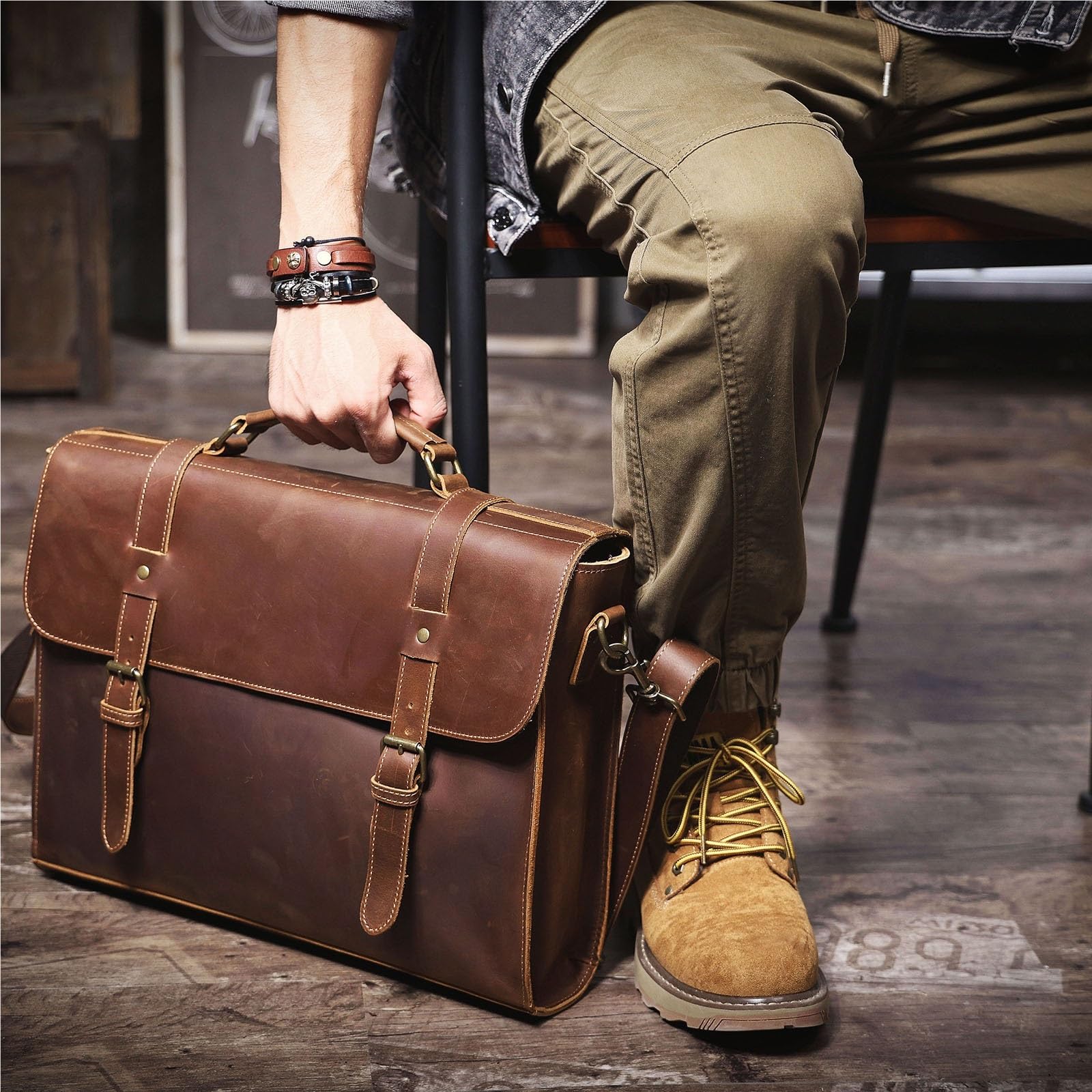 Vintage Men's Leather Briefcase 15" Laptop Bag, Messenger Bags For Work Business Handbag