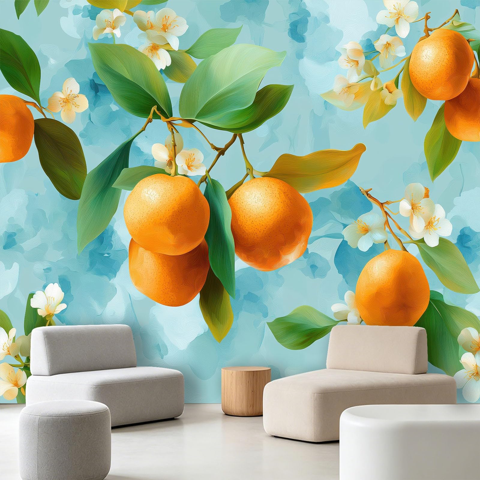 Papel pintado fotográfico con hojas de cítricos y flores, 300 x 210 cm (ancho x alto), no tejido, mural de pared, huerto tropical para cocina, comedor, oficina, papel pintado decorativo