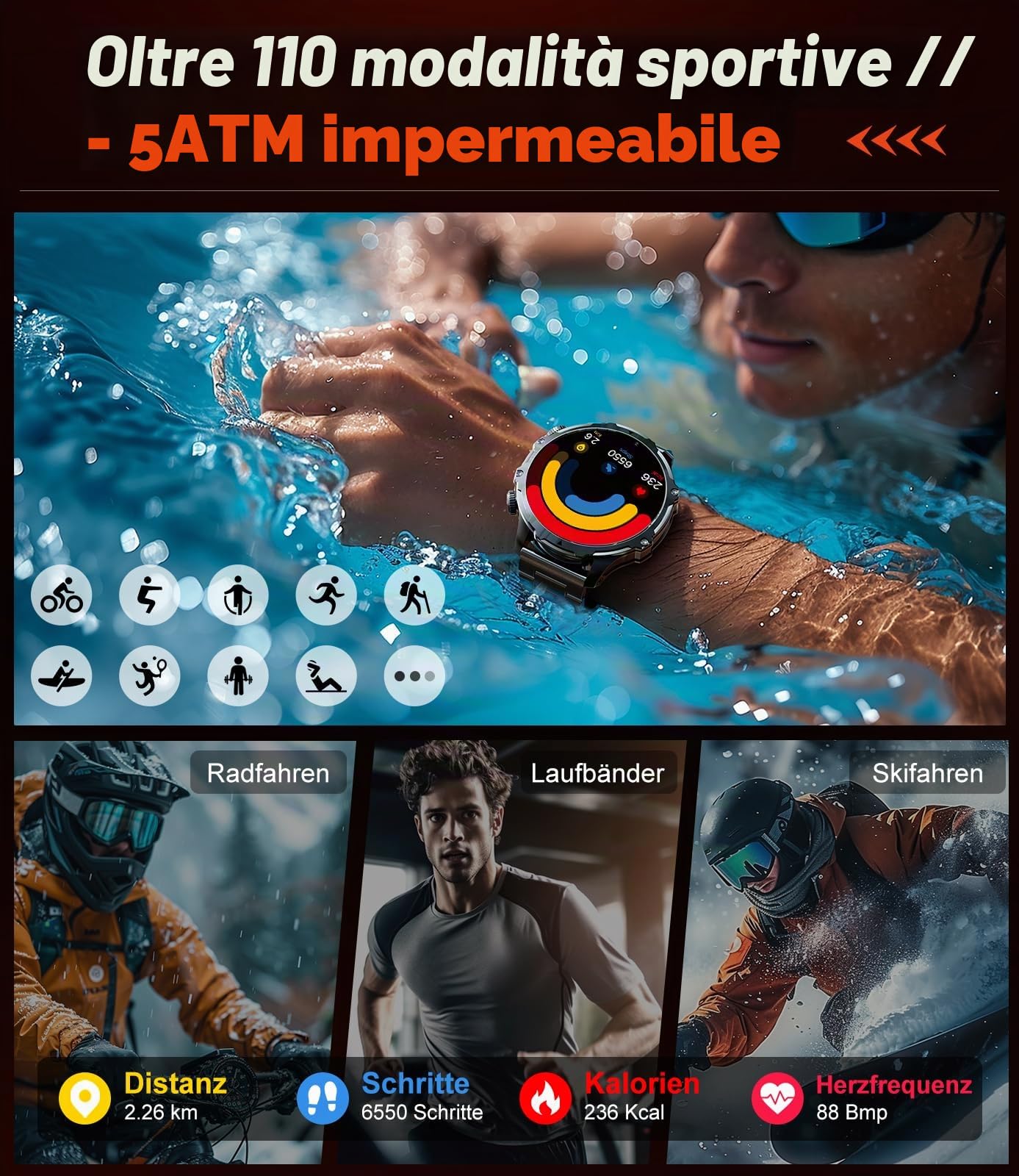 SUNKTA Orologio da uomo militare con batteria 800 mAh, torcia elettrica da 1,85" grande schermo, 107 modalità sportive, impermeabile IP68 frequenza cardiaca/SpO2/sonno Smartwatch per Android iOS