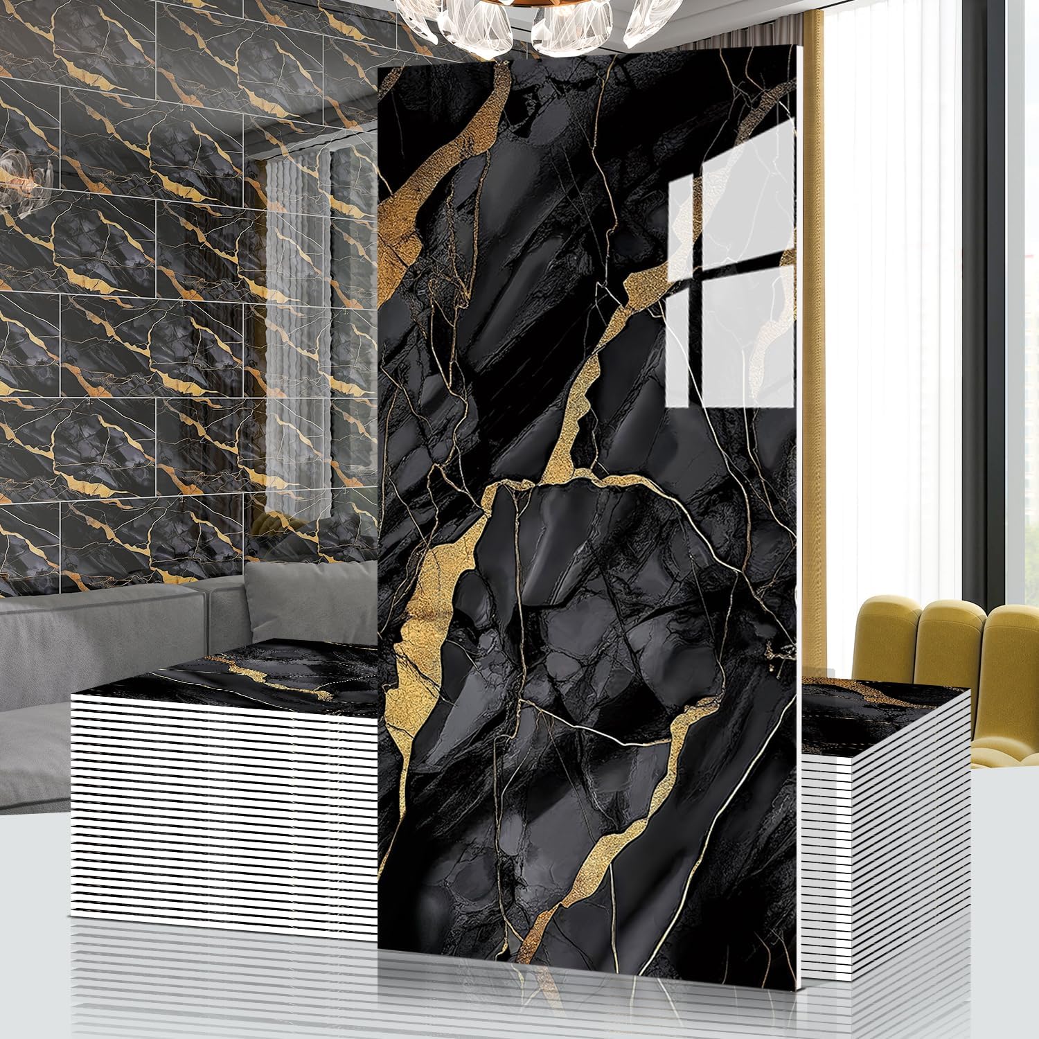 Marble Peel and Stick Backsplash Waterproof 23.6"x11.8" PVC Wall Panels, PVC Foam Marble Tile, Back Splash Stick on Tiles (Not Real Tile) for Kitchen Bathroom Living Room (40, Black Stone Gilding)