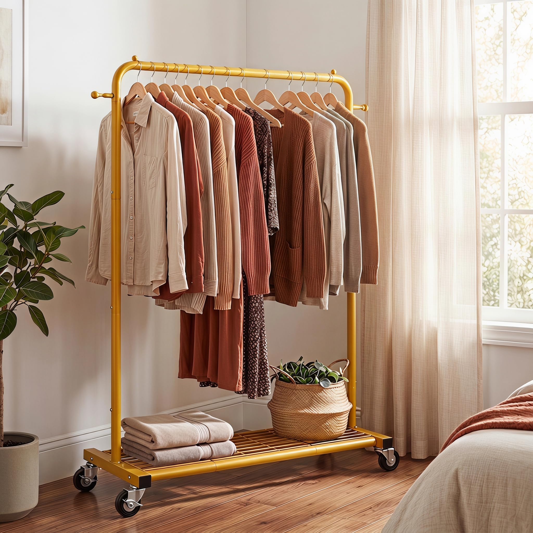 Sywhitta - Perchero con ruedas y estante inferior de malla, estructura metálica resistente, para ropa, abrigos y faldas, 101 x 40,6 x 164 cm (largo x ancho x alto), dorado