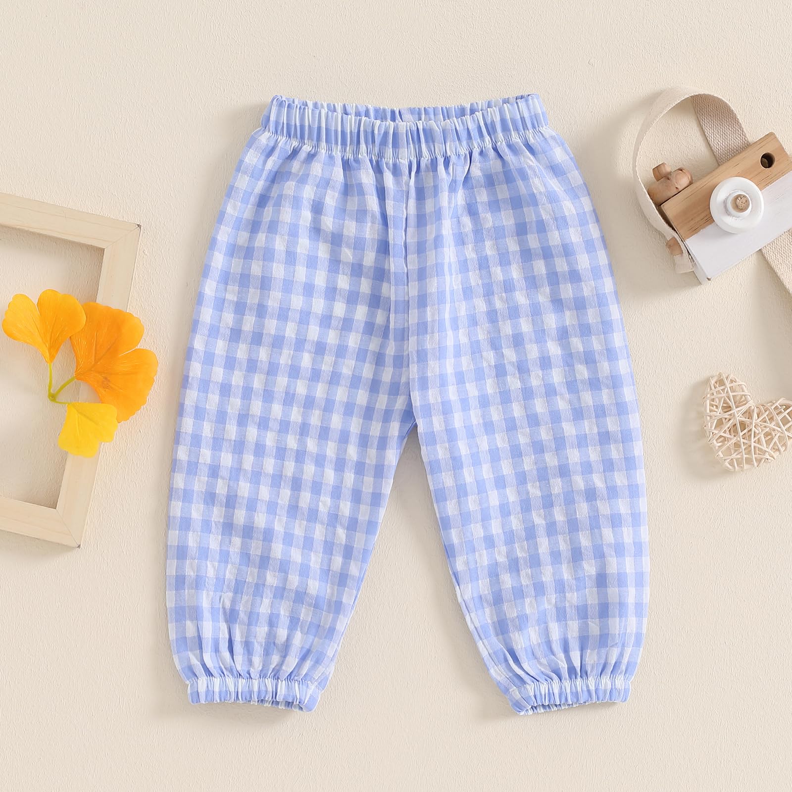 Toddler Baby Girl Boy Cotton Linen Pants Plaid Elastic Jogger Gingham Lantern Long Pants Summer Fall Harem Pants (Blue, 2-3 Years)