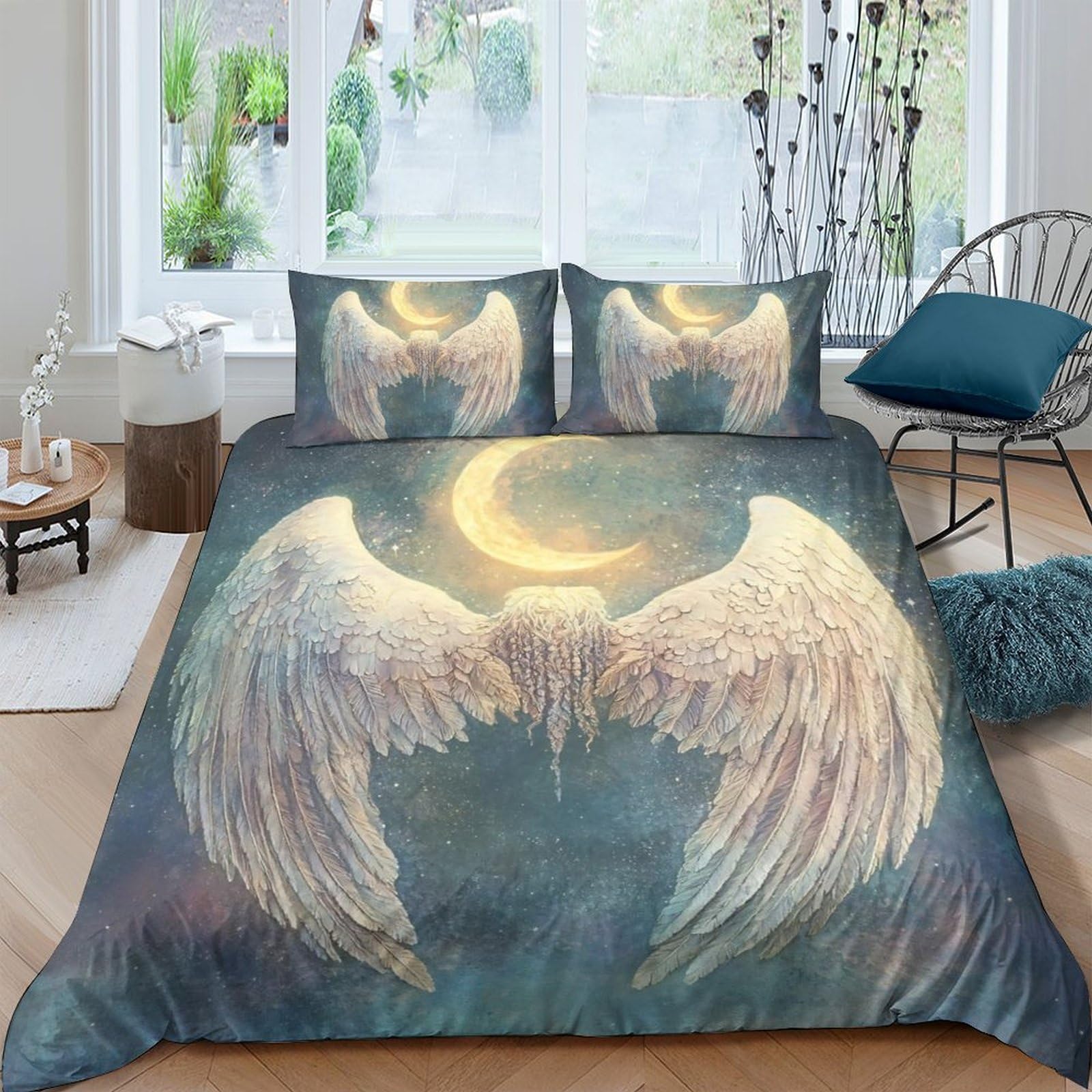 Ctjqhvkz Style-1 3D Printed Angel Wings Fitted Sheet Microfiber Crescent Moon Mattress Cover For Bedroom Dorm Room Easy Care Decor Single（135X200cm）