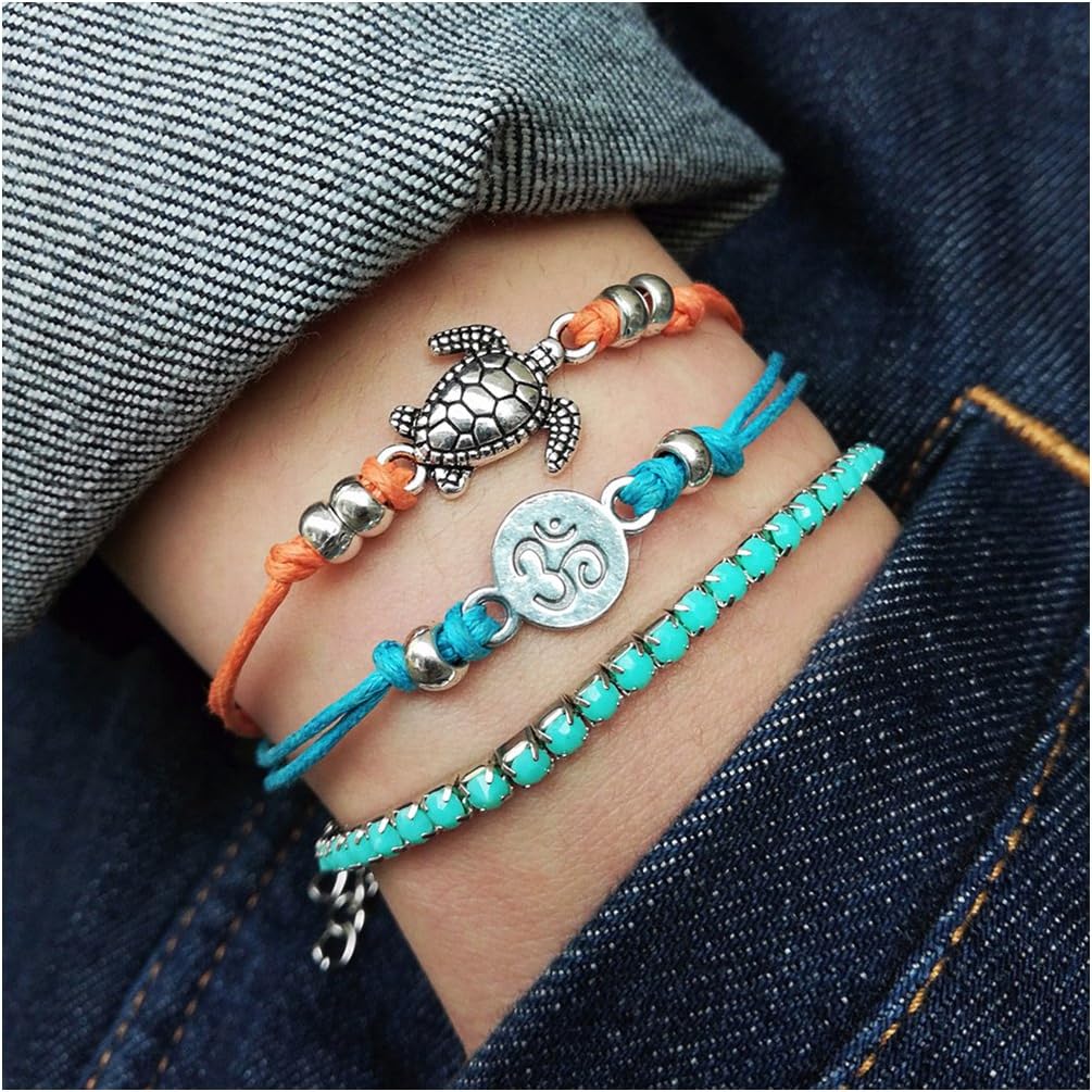 17KM Starfish Turtle Anklets Multi Layered Turquoise Stone Shell Boho Beach Sliver Charm Anklet for Women