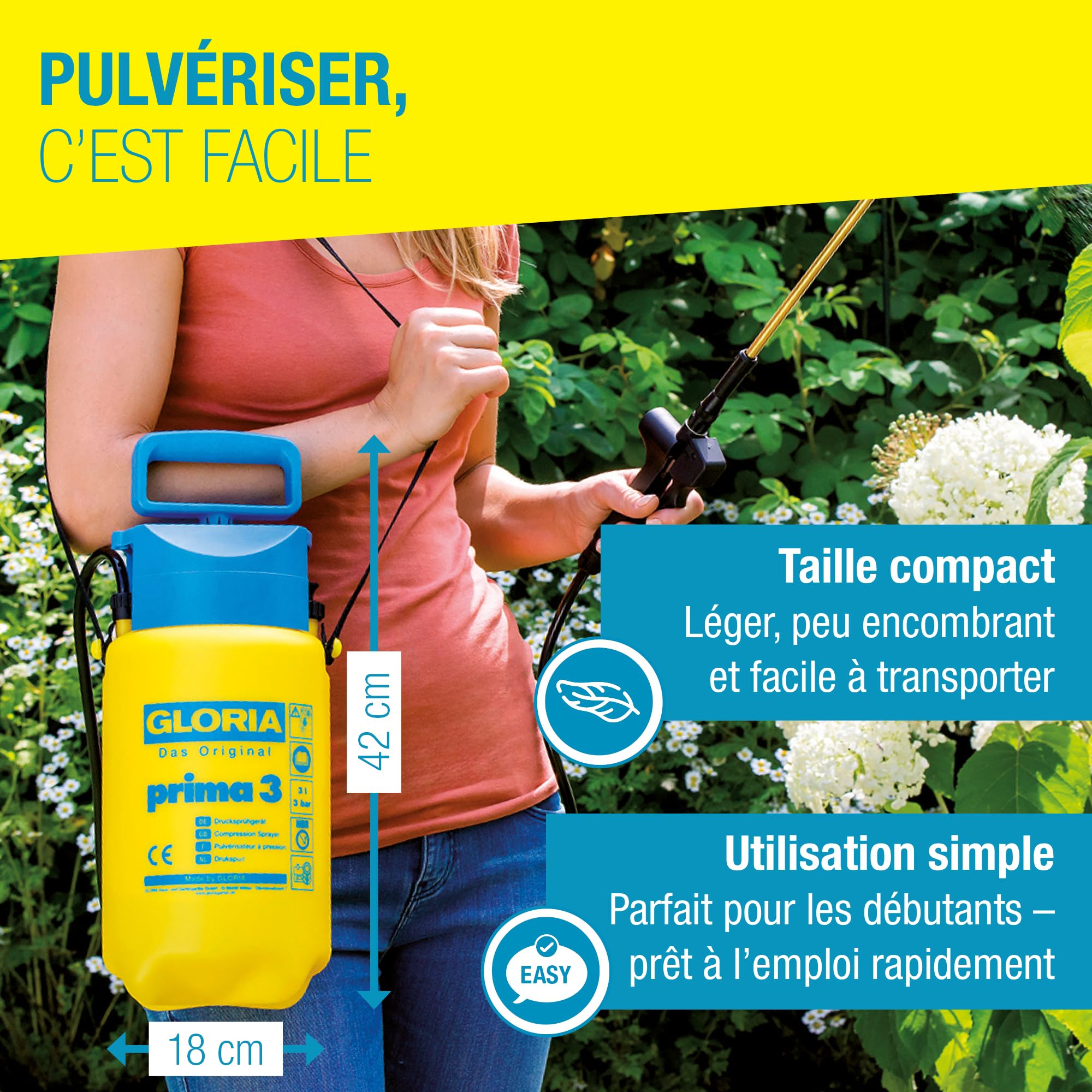 GLORIA Pulvérisateur de Jardin Prima 3 | Pulvérisateur à Pression 3L Compact et léger | Buse en Laiton réglable pour Soin des Plantes & désherbage sur Balcon et Petits Jardins