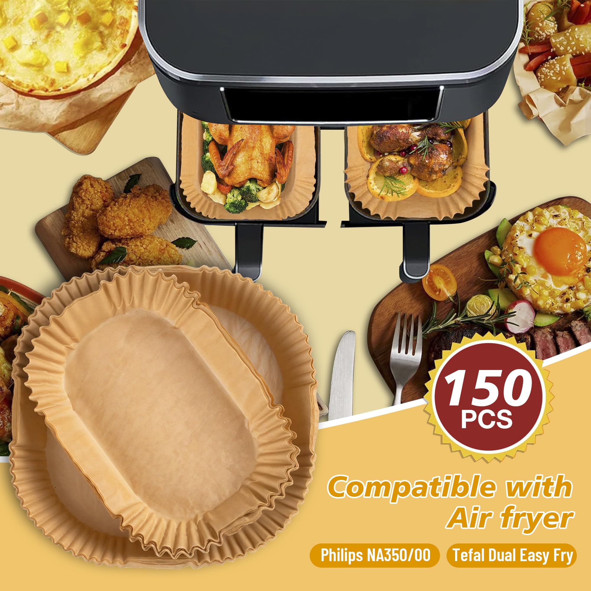 Air Fryer Pieczenia Papieru do Philips Air Fryer 6L/3L Dual Basket NA350/NA550, 150 Sztuk Frytkownicy Na Gorące Powietrze Akcesoria do Tefal EY9018 Dual Easy Fry 5,2L/3,1L & Cecotec 5.5L/3.5L