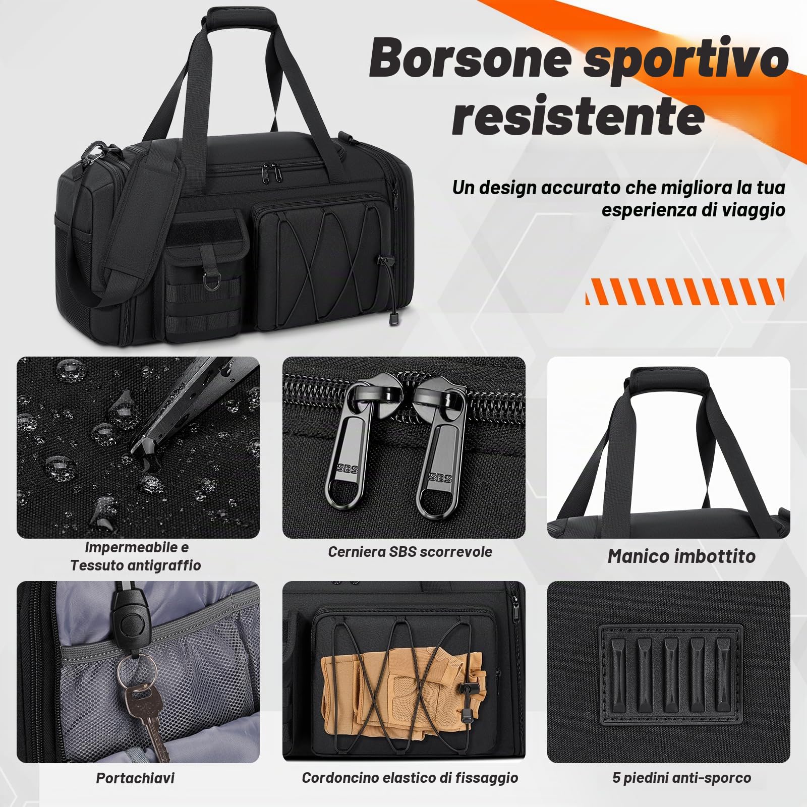 RAINSMORE Borsone Palestra Uomo Donna 40L Impermeabile Borsa Palestra con Scomparto Scarpe e Tasca Umida Espandibile Borsone da Viaggio Per Sport Piscina Fitness Weekend Nero