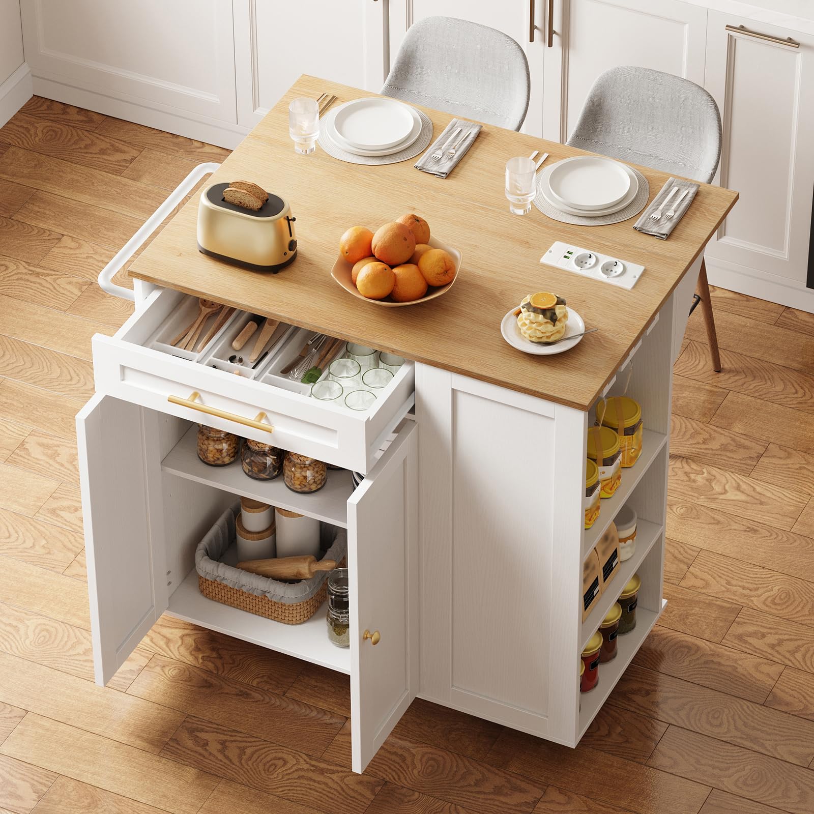Kücheninsel mit Drop Leaf, Mobiler Küchenwagen mit Ladestation, 2 feststellbaren Rollen, verstellbarem Regal und Schublade, für kleine Räume, Weiß und Holzfarbe