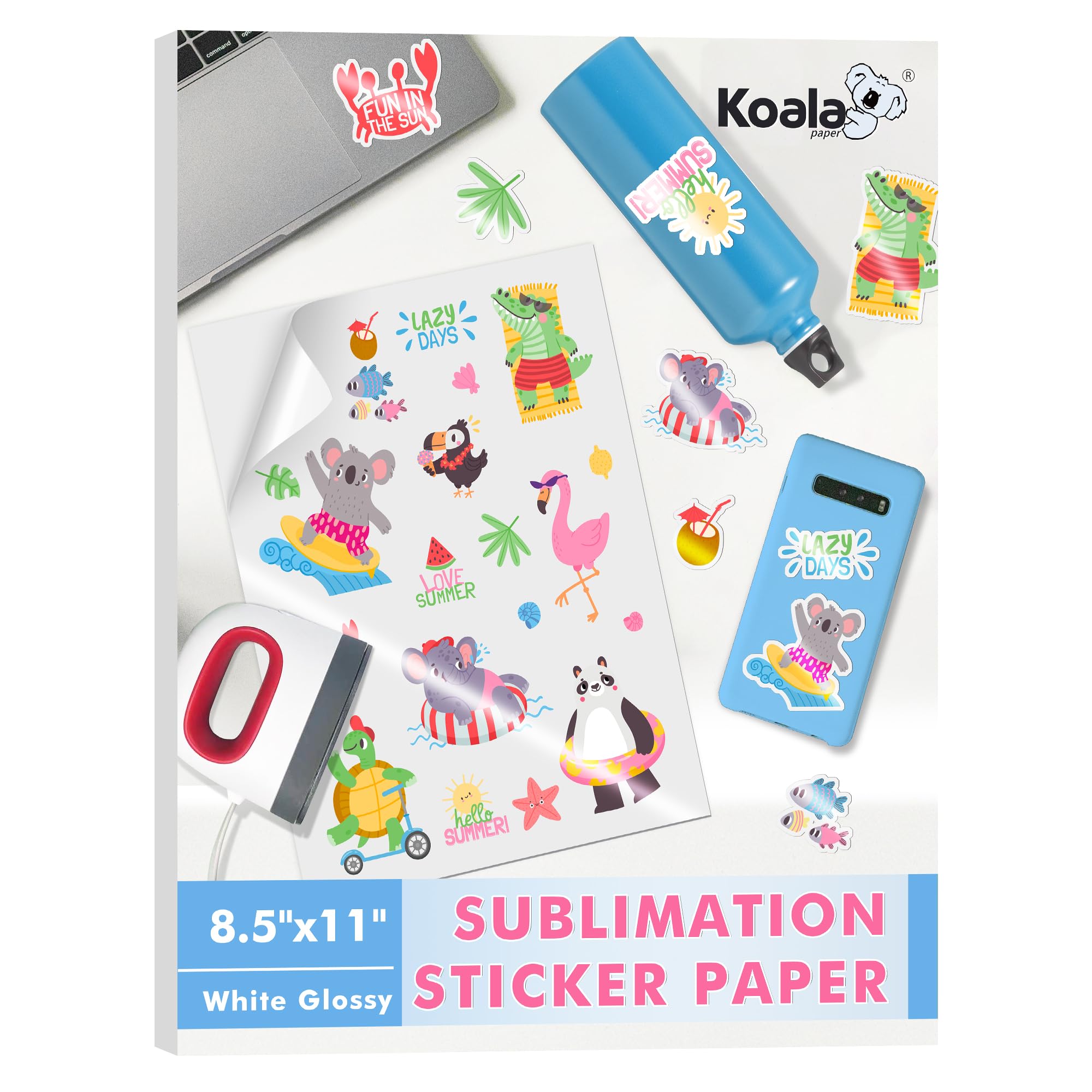 KOALA Sublimation Sticker Paper Glossy White Waterproof Vinyl 8.5x11 inch 25 Sheets, Quick Dry Vivid Colors Holds Ink well