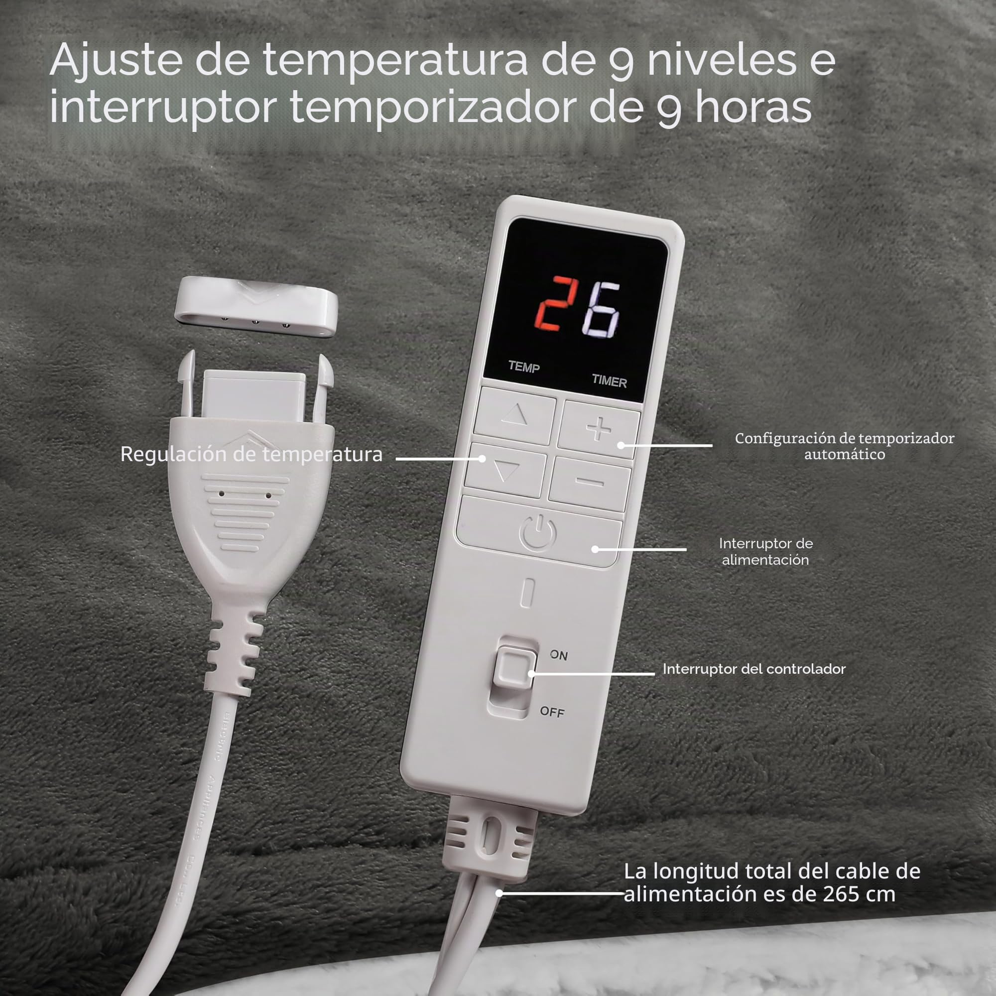 Manta térmica eléctrica130x160cm, 9 niveles de calor y temporizador de 9 horas, franela de algodón, protección contra sobrecalentamiento, lavable a máquina, apta para cama, sofá, gris hierro