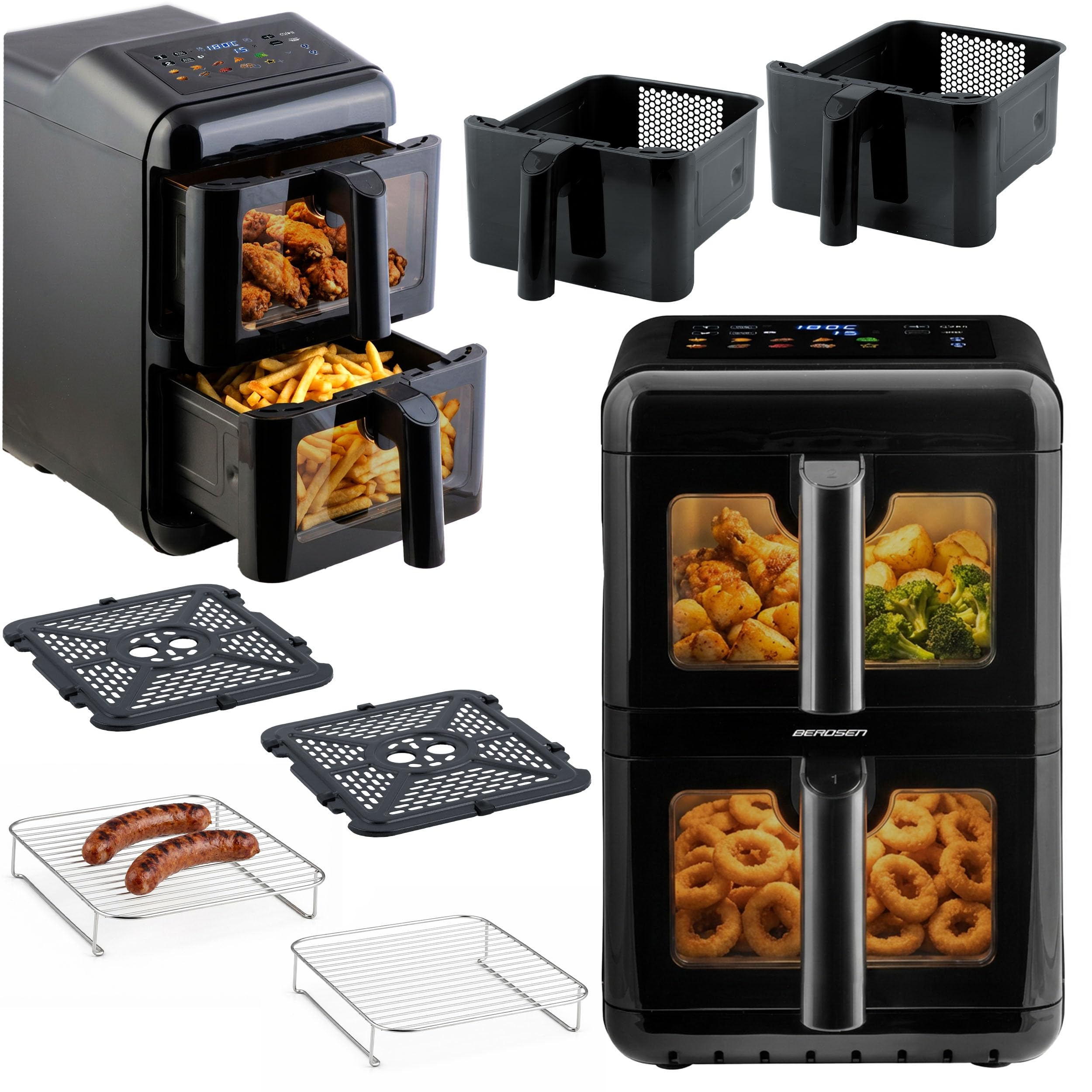 Berdsen Frytkownica Beztłuszczowa Airfryer na Gorące Powietrze 11,6 l - Dwukomorowa Pionowa 2 x 5,8 l, 3000 W, 9 Programów, Ekran Dotykowy i Okienko LED - Pieczenie, Grillowanie i Suszenie - Czarna