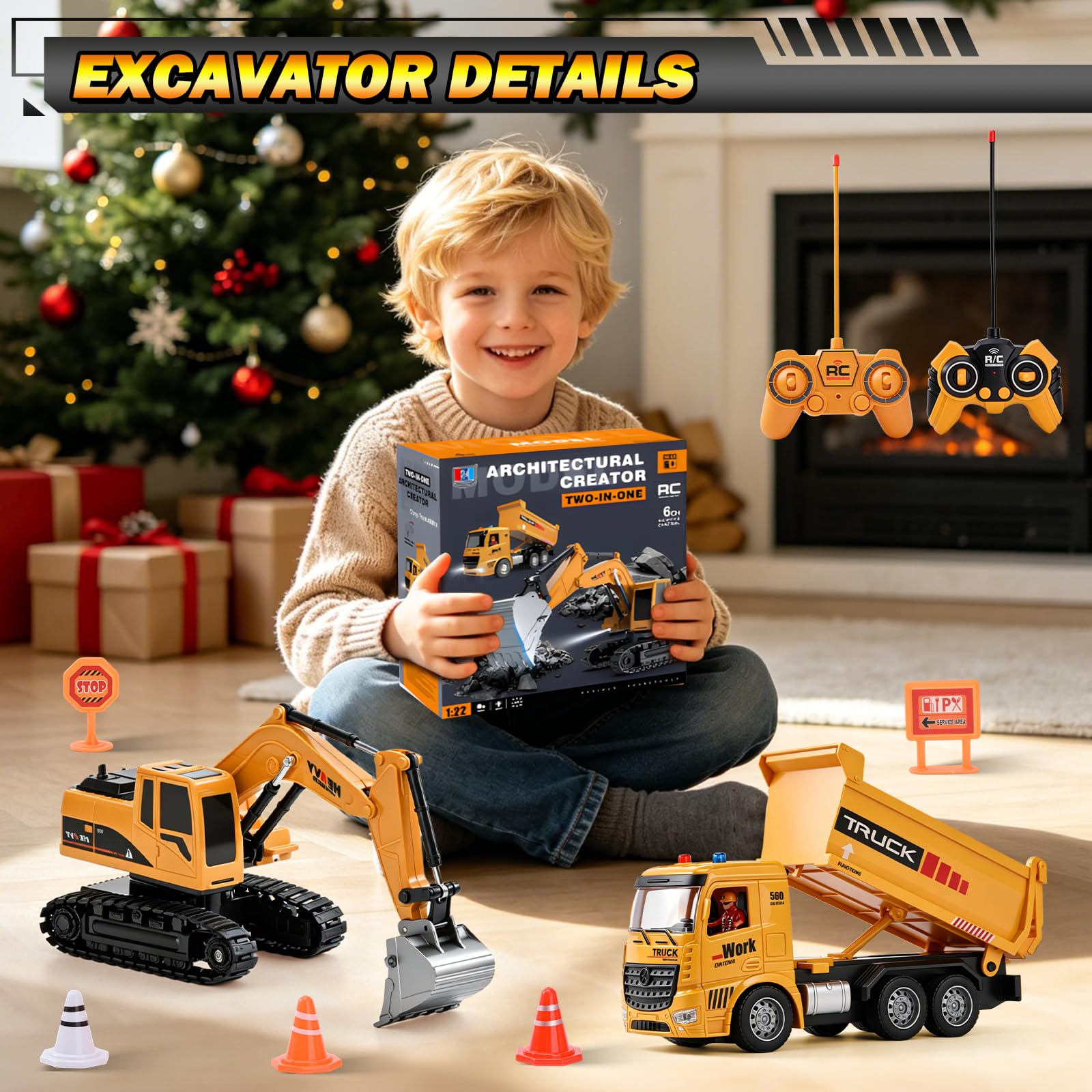 Excavadora Teledirigida y Camión Volquete Juguete, 2,4 GHz Coche Teledirigido Juguete, Vehículos de Construcción RC con Luces y Sonidos, Regalo de Cumpleaños Navidad para 3-12 Niño (A)