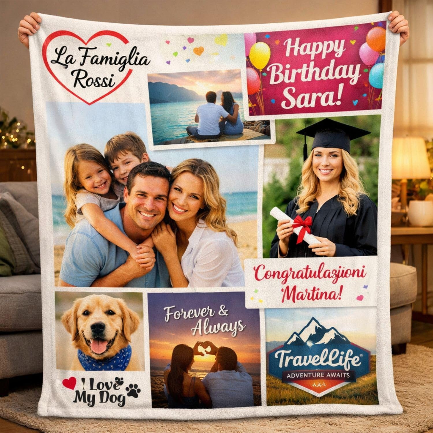 VENEZIANO Gruppo coperta personalizzata - plaid in pile personalizzato con foto, testi o loghi - ideale per regalo di ogni occasione - 100% made in italy