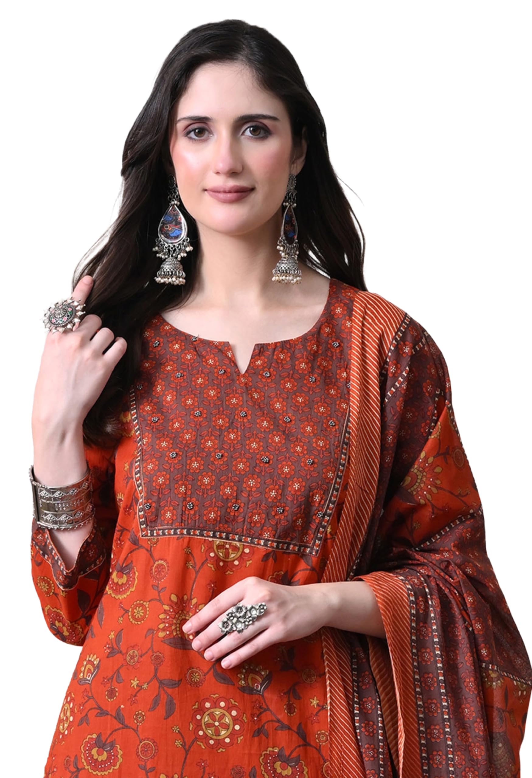 MEERA FAB Women's Cotton Straight Kurta Set, Floral Print, with Dupatta and Pants