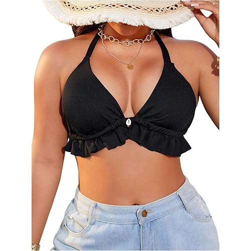 MakeMeChic Women's Plus Size Halter Bikini Top Ruffle Triangle Tie Back Bathing Suit Top Beach