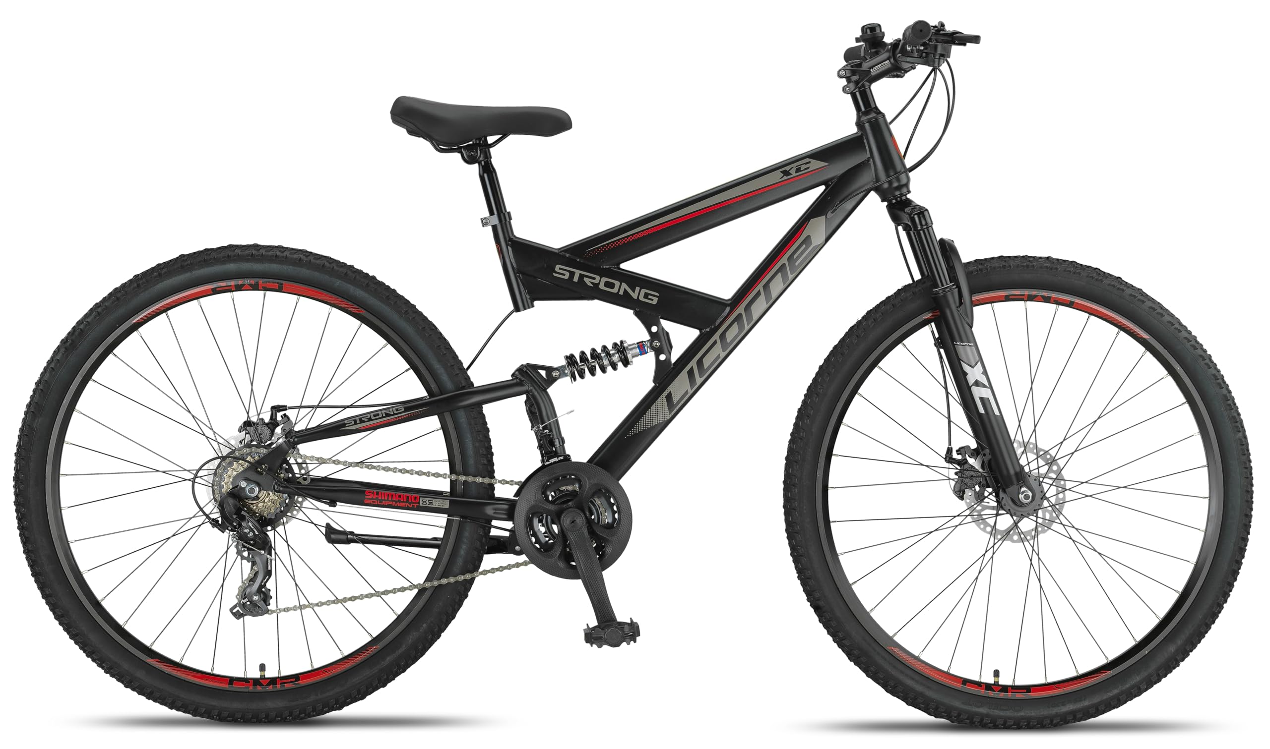 Licorne Bike Strong Vélo Tout Terrain 2D de qualité supérieure 27,5" pour garçon Fille Femme et Homme avec Frein à Disque Avant et arrière 21 Vitesses dérailleur Suspension complète Noir et Rouge