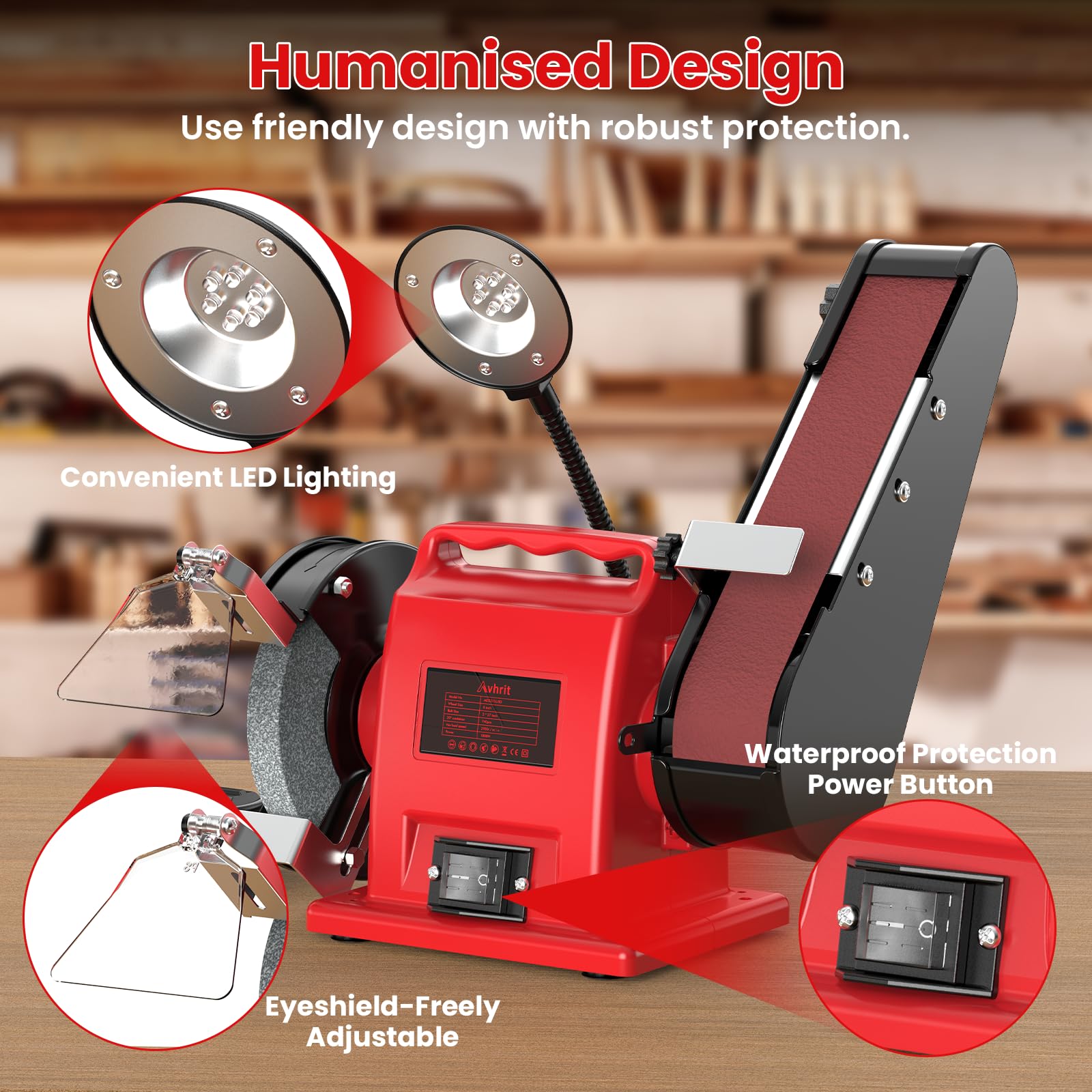 Stand-Bandschleifer, 2-in-1 Mini-Bandschleifer, 350 Watt, mit Bandschleifscheibenfunktion, LED-Licht, Funkengeschütztes Glas, Kabelgebunden, für Metall/Holz/Aluminium-Schleifarbeiten, Rot