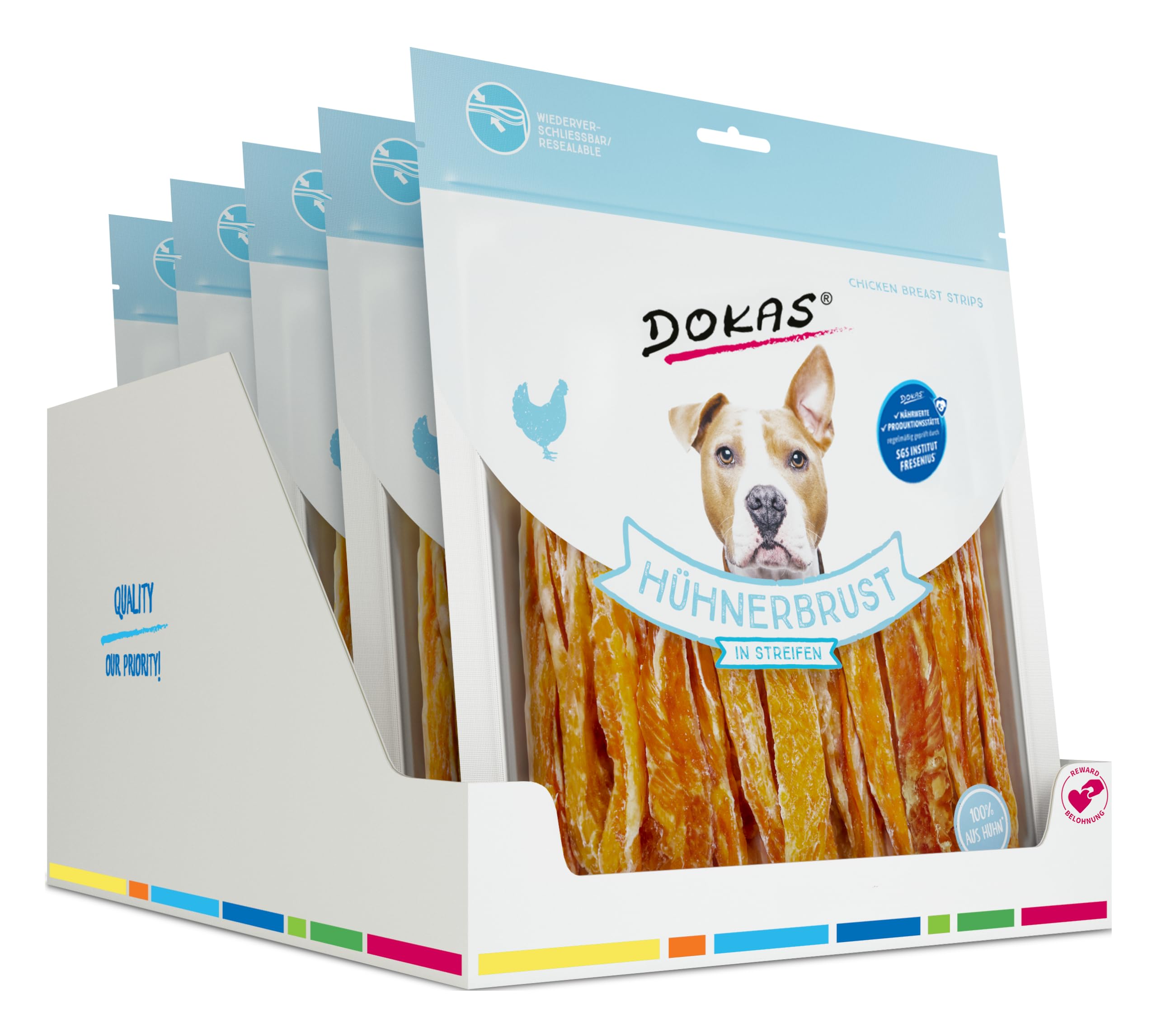 Dokas Dog PETTO DI POLLO a strisce | 5 x 500 g | Alimento complementare per cani | Petto di pollo essiccato a strisce | Adatto a cani di tutte le taglie e razze