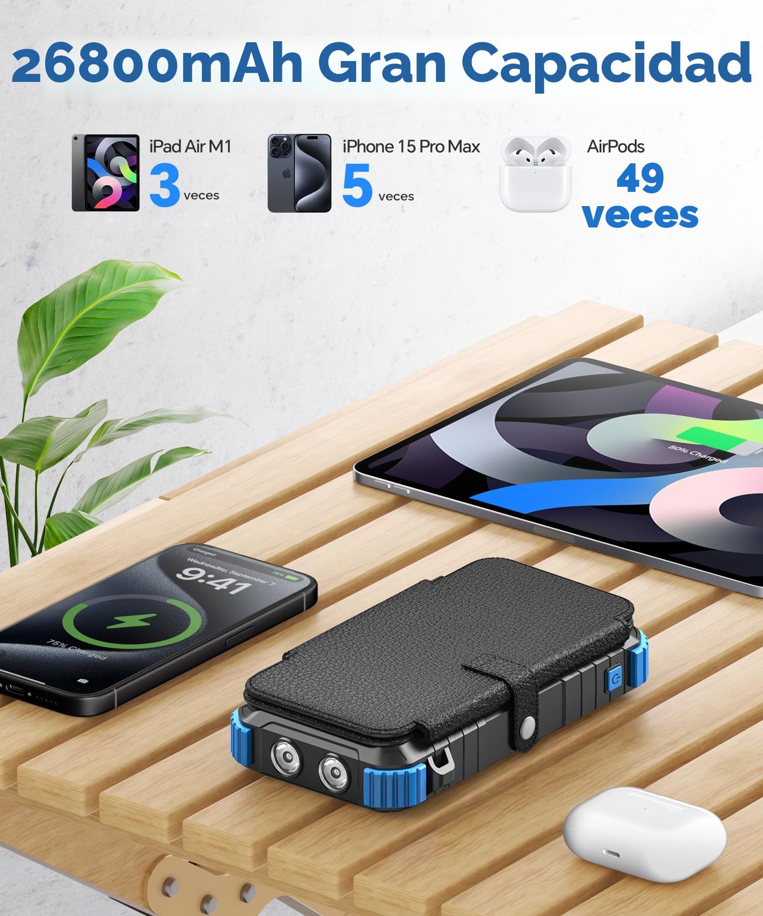 Cargador Solar de 26800mAh con 4 Paneles Solares, USB C 15 W Carga Rápida, 5 Salidas y 3 Cables, Power Bank Solar para Exteriores con Mosquetón y Linternas para Camping, Teléfonos y Tabletas