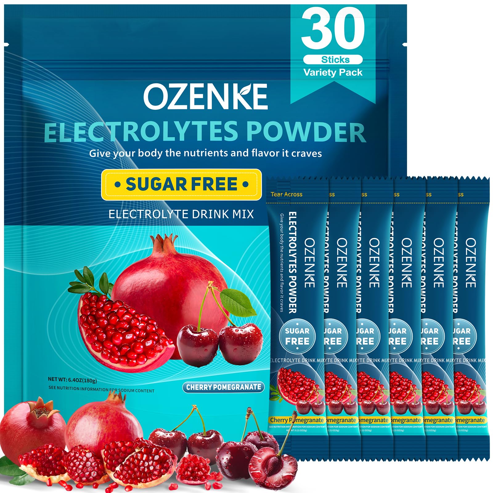 Electrolytes Powder Packets, 30 Sticks Hydration Packets Sugar Free, Electrolyte Drink Mix Portable Electrolyte Packet for Rapid Hydration, 0 Sugar & 0 Calorie, Cherry & Pomegranate Flavor