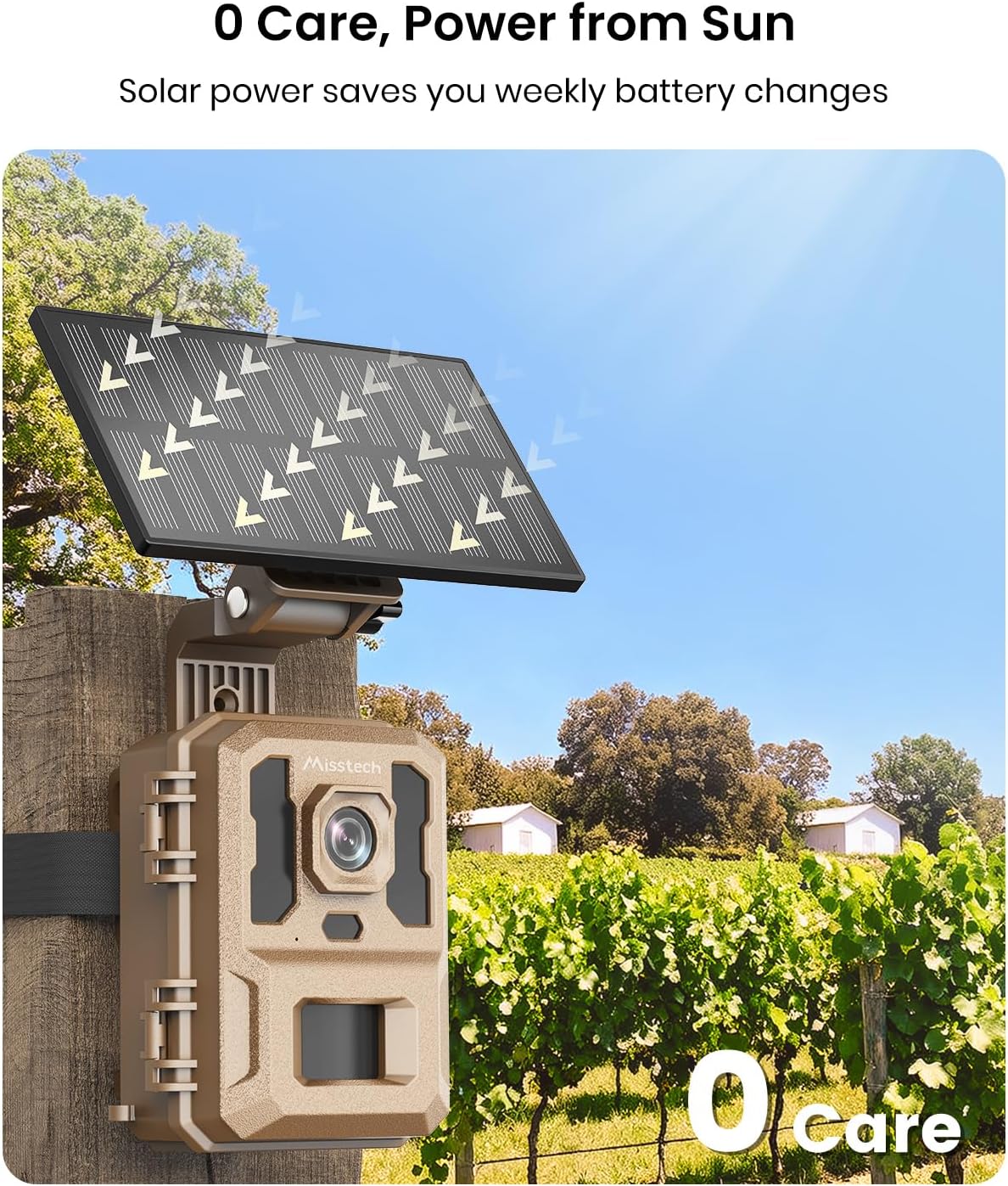 Misstech 4K UHD Solar Trail Camera for Game & Wildlife Monitoring - 0.1s Fast Activation to Record Animals, 64MP/4K Clear Night Vision, No Monthly Fee, App Control, IP66 Waterproof, 32GB SD Card