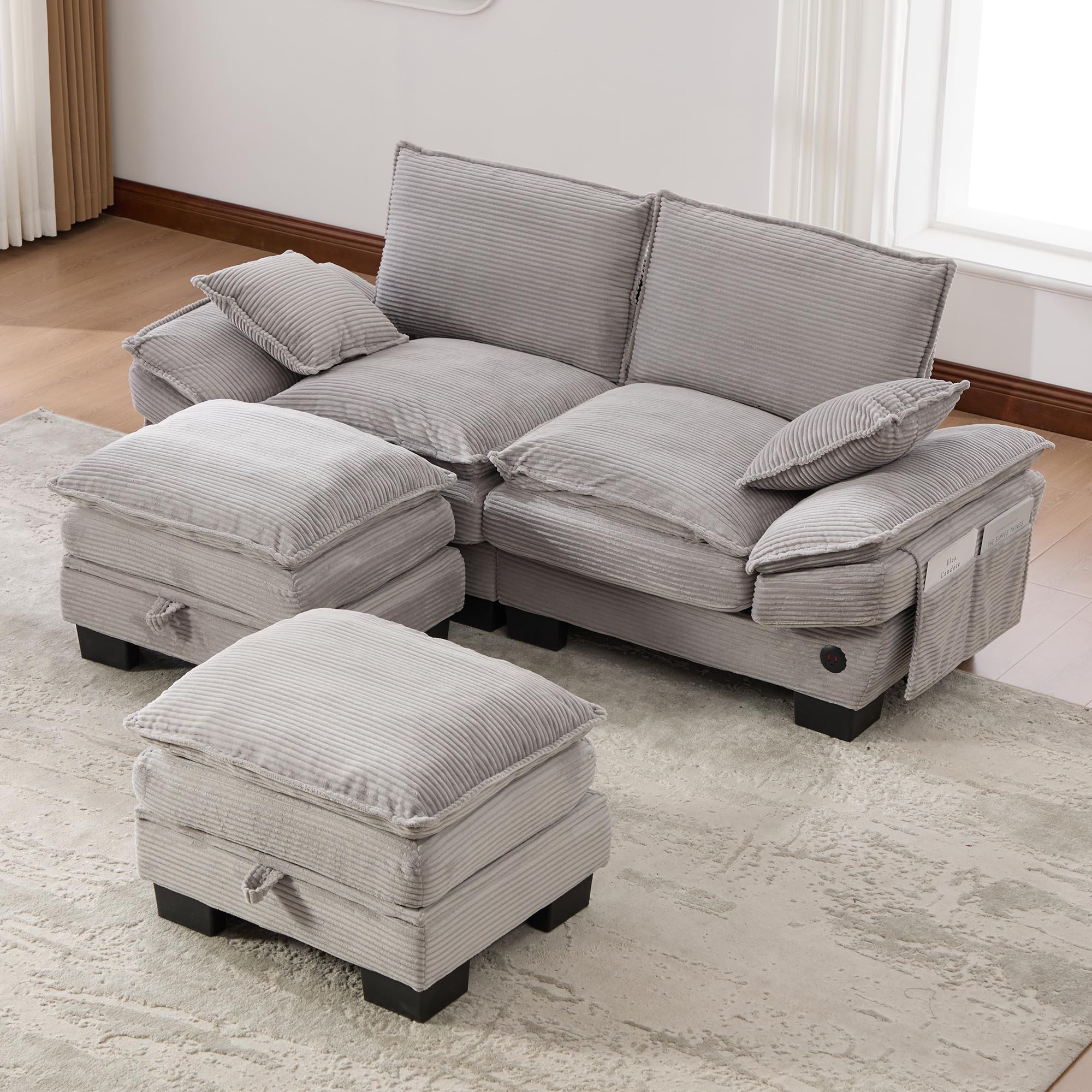 Modułowa sofa 2-osobowa z 2 taboretami, ergonomiczna szerokość siedziska z przyłączem C, sofa do salonu z bocznymi kieszeniami, do salonu, kolor jasnoszary