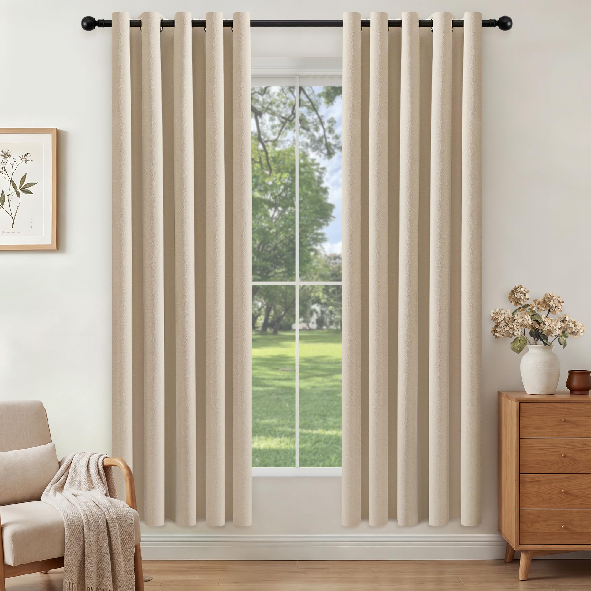 Cream Beige Blackout Curtains for Bedroom Eyelet Thermal Insulated Linen Curtains for Living Room Energy Saving Sun Blocking Privacy Black Out Curtains 2 Panels Window Treatment 66x72 Inch 167x183 CM