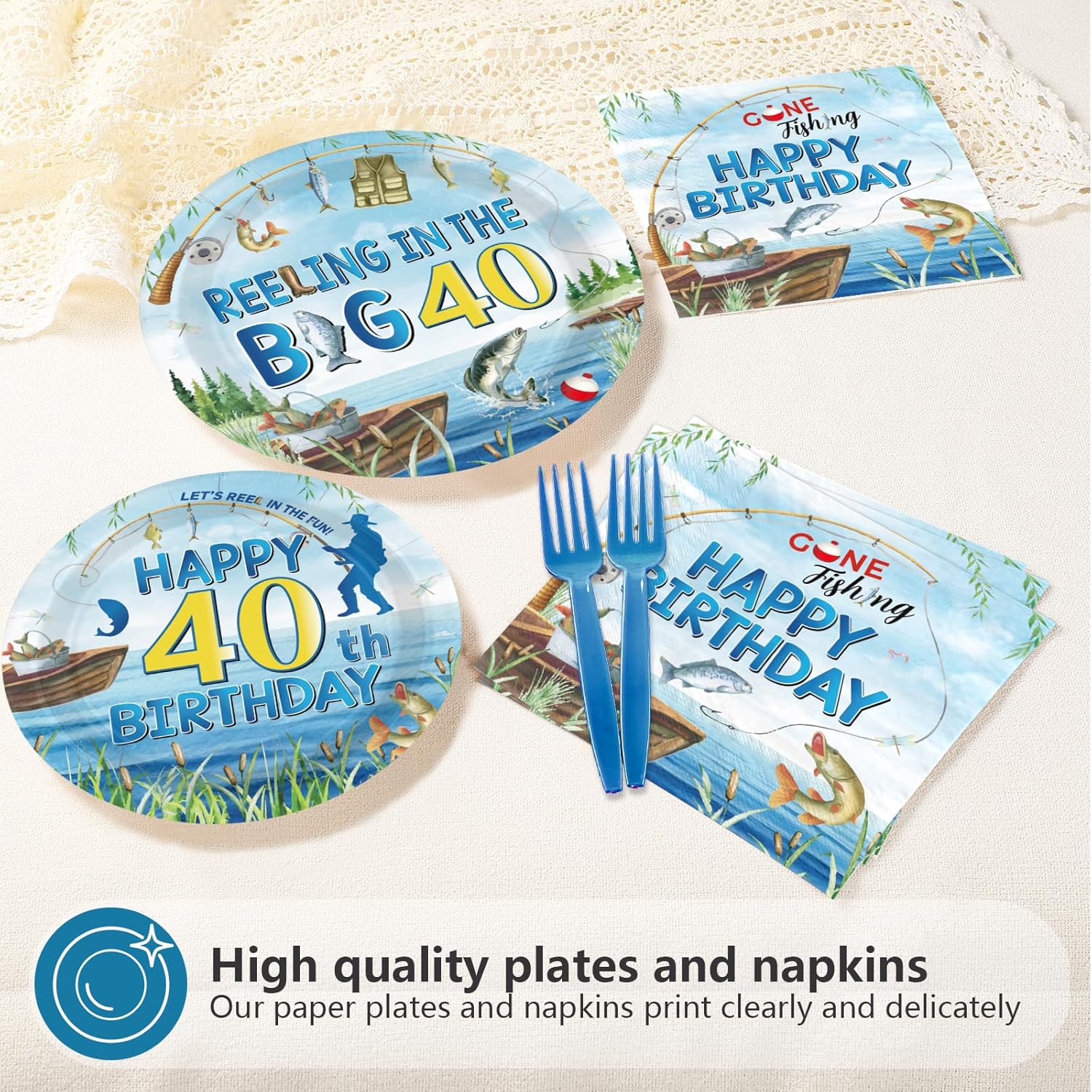 96Pcs Fishing 40th Birthday Party Decorations 40 Years Old Paper Plates and Napkins Disposable Gone Fishing Fortieth Tableware Set for Fisherman Happy 40th Birthday Party Supplies, Serves 24