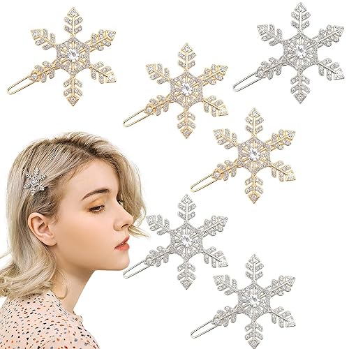 6 pinzas para el cabello con diamantes de imitación de copo de nieve, horquillas doradas y plateadas, horquilla de cristal para Navidad, invierno,