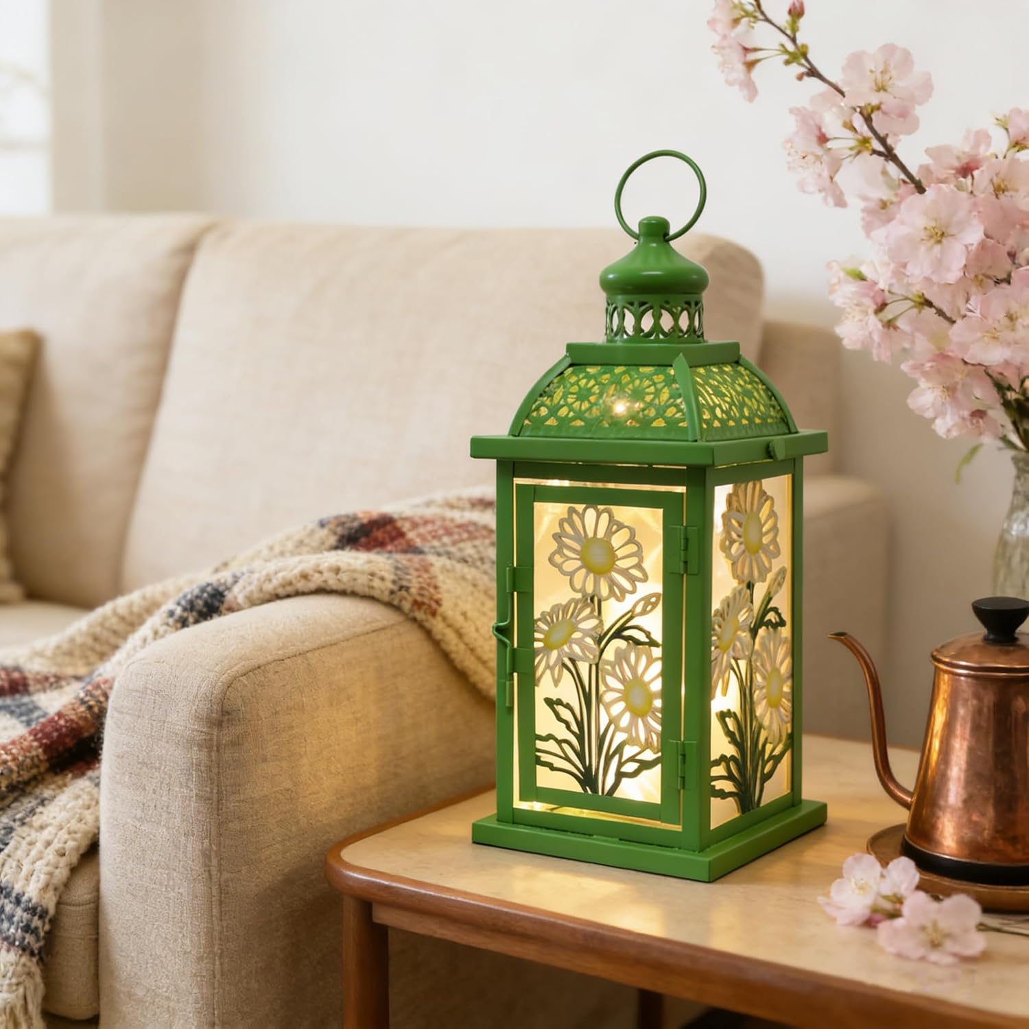 DECORKEY Spring Decorations for Home, 14.4" Decorative Daisy Green Lantern with 61" LED Lights(No Battery) for Home Indoor Outdoor Decor, Hanging Metal Candle Holders for Spring St.Patrick’s Day Gift