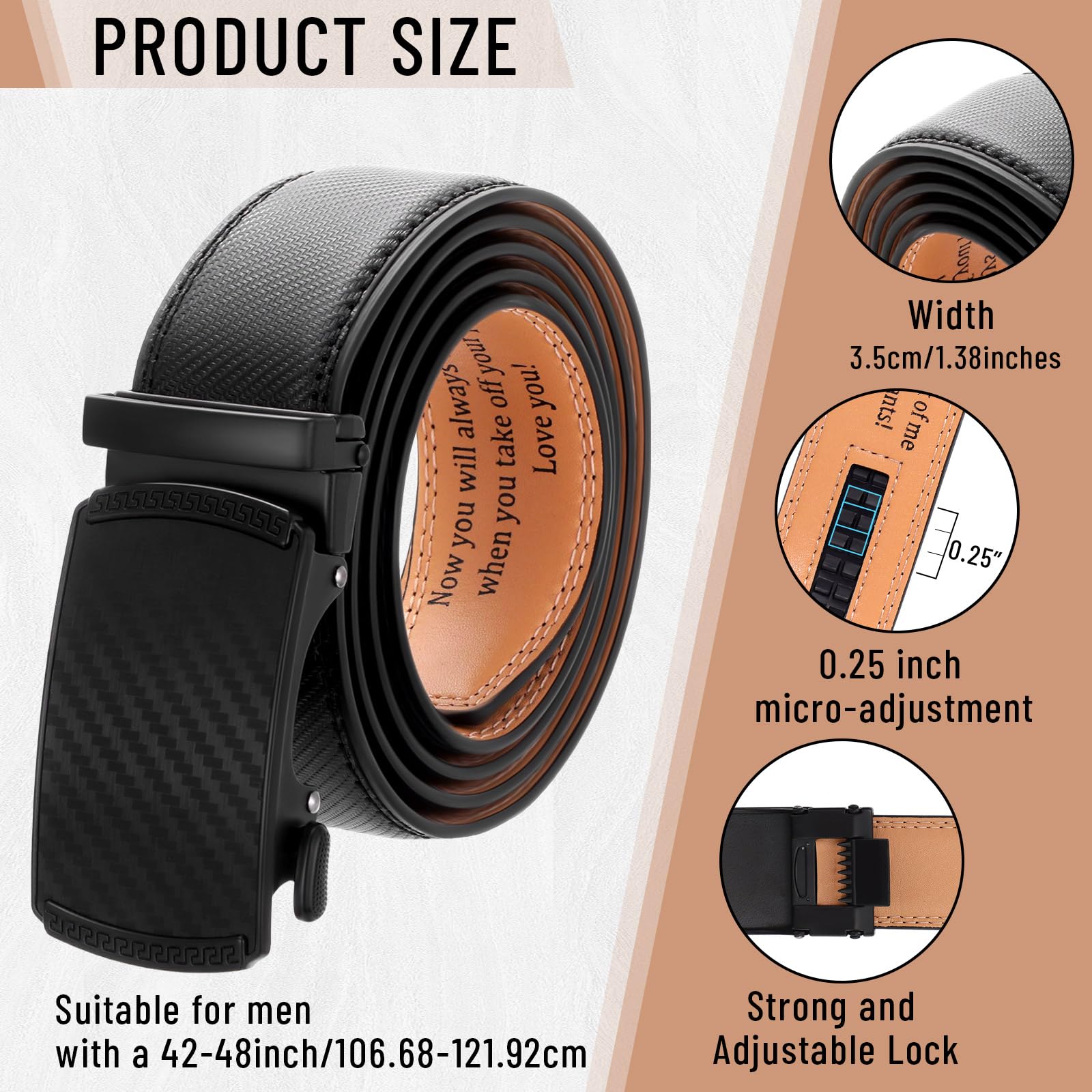 Bunnycool Engraved Mens Belt Leather Slide Ratchet Personalized Belts for Men with Buckle for Him Father's Day Gift Husband(36-42inch,Classic Style,Black Brown)
