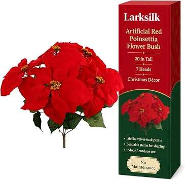 Larksilk 20-Inch Red Poinsettia Bush with 7 Velvet Blooms, Christmas Flower