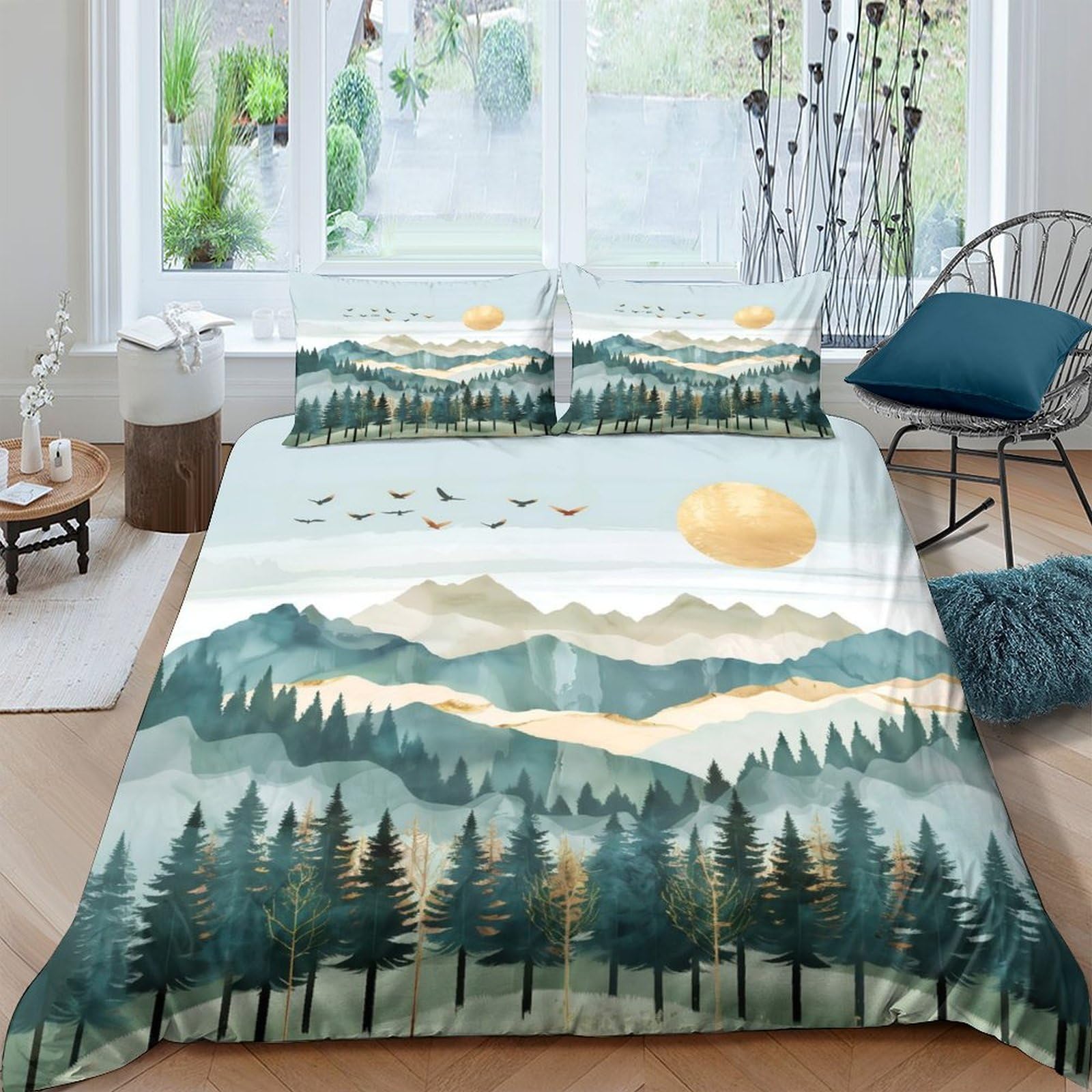 Ctjqhvkz Style-2 3D Printed Forest Mountain Fitted Sheet Microfiber Soft Breathable Sunrise Landscape Mattress Cover For Bedroom Decor Single（135X200cm）