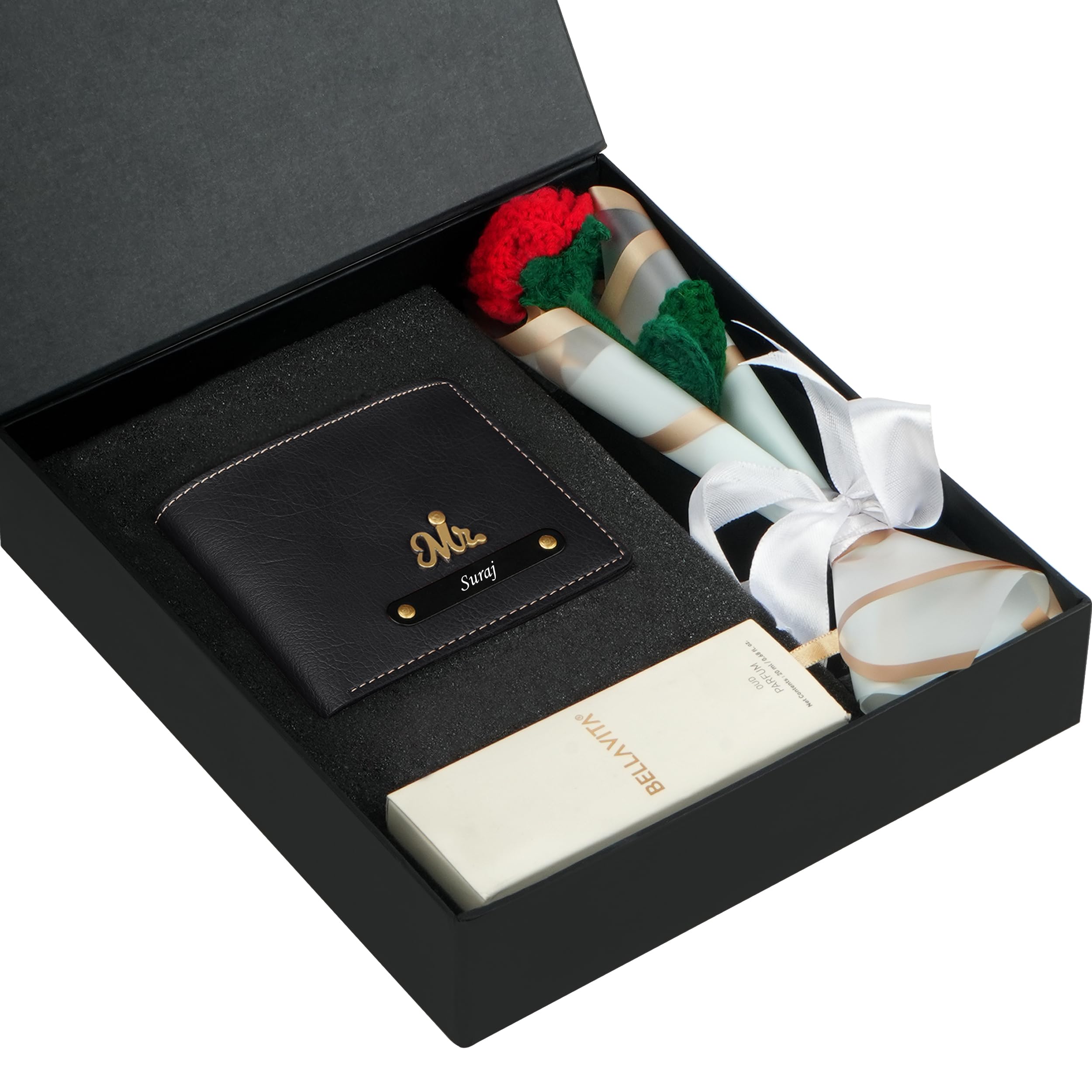 Personalized Be Mine Surprise Gift Set for Men | with Name Engraving & Charm | Gift Box with Rose Bouquet & Perfume | Birthday Gift for Husband, Boyfriend, Brother, Etc (Black)-image-14