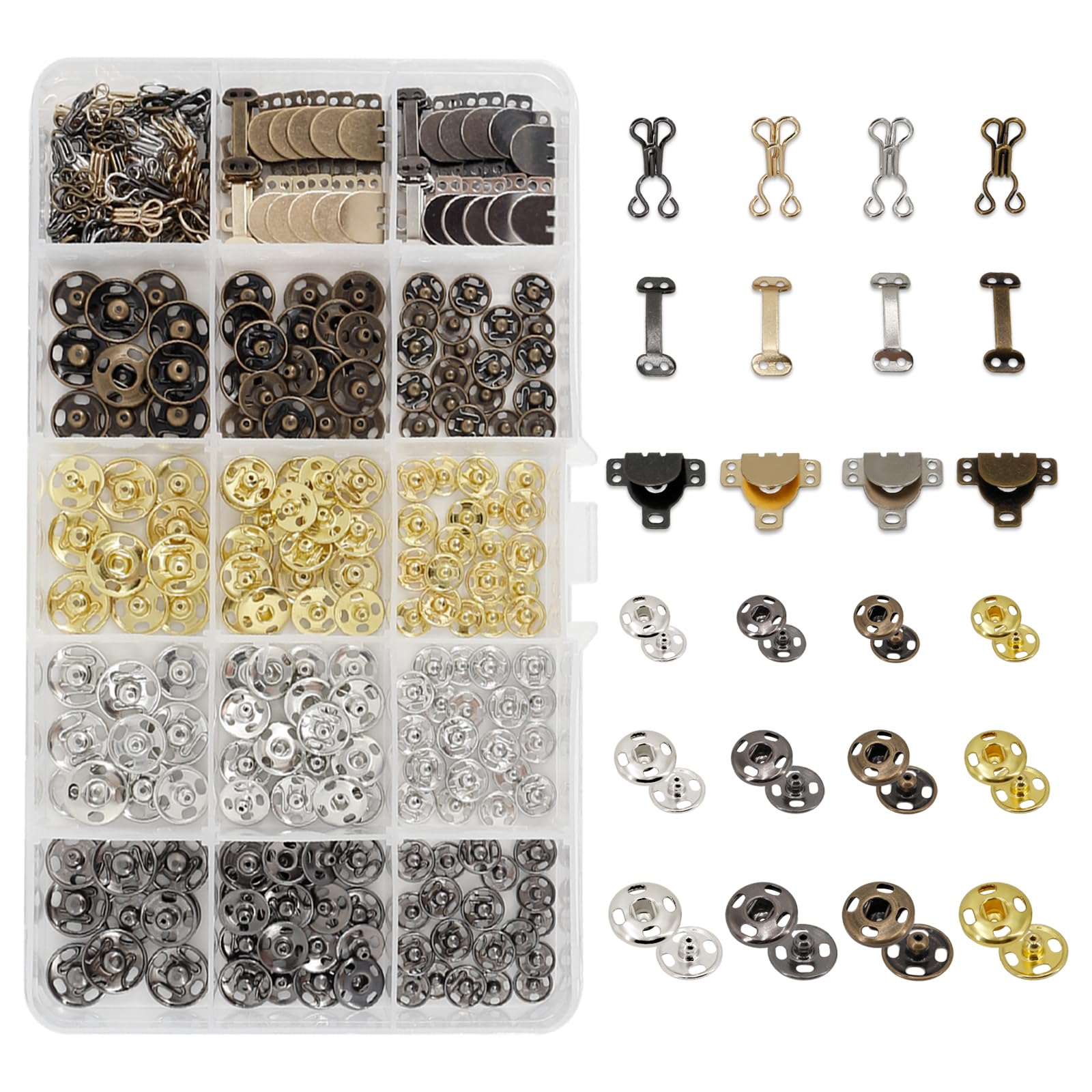 160 Pairs 3 Styles Metal Sewing Hooks and Eyes Closure Set 4 Colors Sewing Skirt Hooks Sew-on Snaps Press Studs Snap Buttons Fasteners Clothing Fixing Tool for Skirt Dress Bra Sewing DIY Crafting