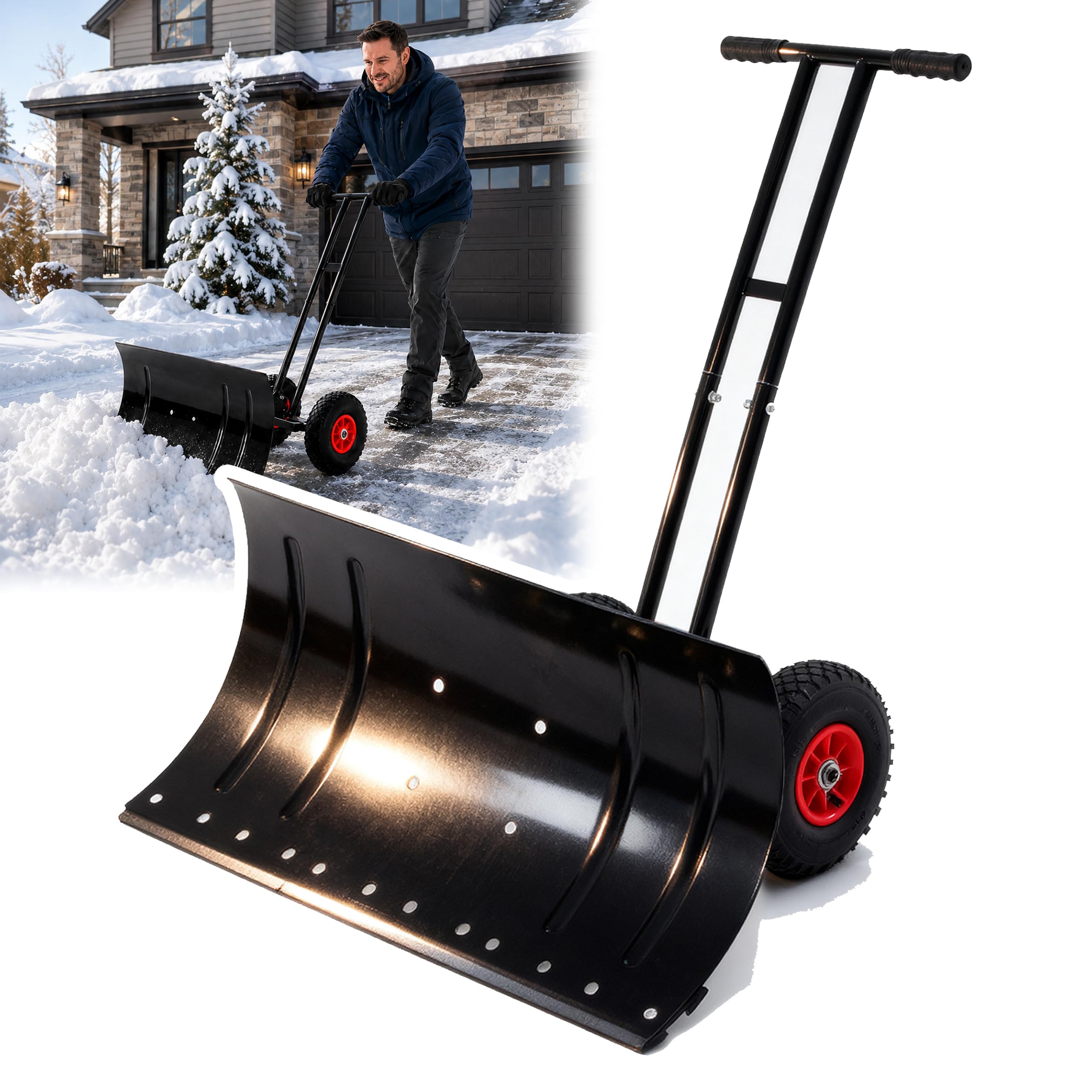 Snow Shovel with Wheels, Snow Plow with Adjustable Steel Blade，Dual Bar