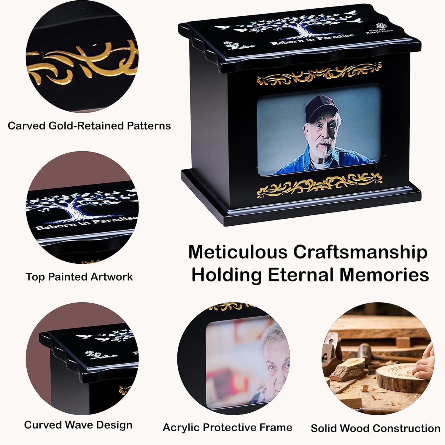Eternal Tree of Life Solid Wood Urn with Photo Frame - Crafted Black & Gold Funeral Urn for Human Ashes & Large Pets, Fits Loved Ones Up to 260 lbs Body Weight, Ideal for Home Display