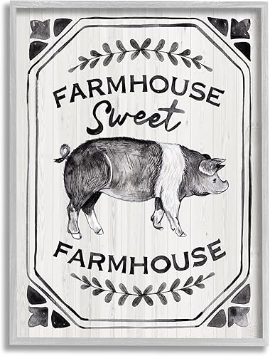 Stupell Industries Letrero de granja con texto en inglés Sweet Farm, diseño vintage de cerdo de granja, arte de pared enmarcado gris, 16 x 20