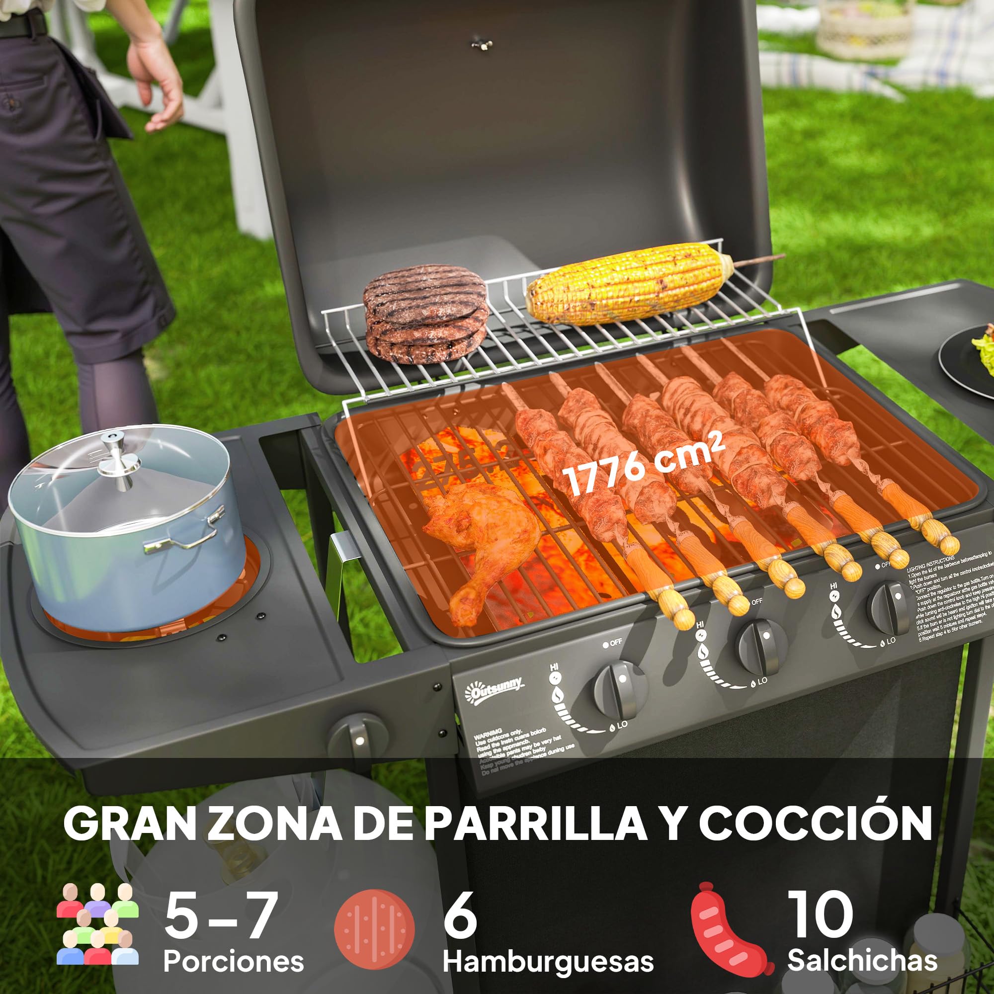 Outsunny Barbacoa de Gas BBQ Gas con 3+1 Quemadores 9,5 kW Barbacoa Portátil con Termómetro Mesa Lateral Estante Especiero Parrilla Recogedor de Grasa 2 Ruedas para Jardín Exterior Camping Negro