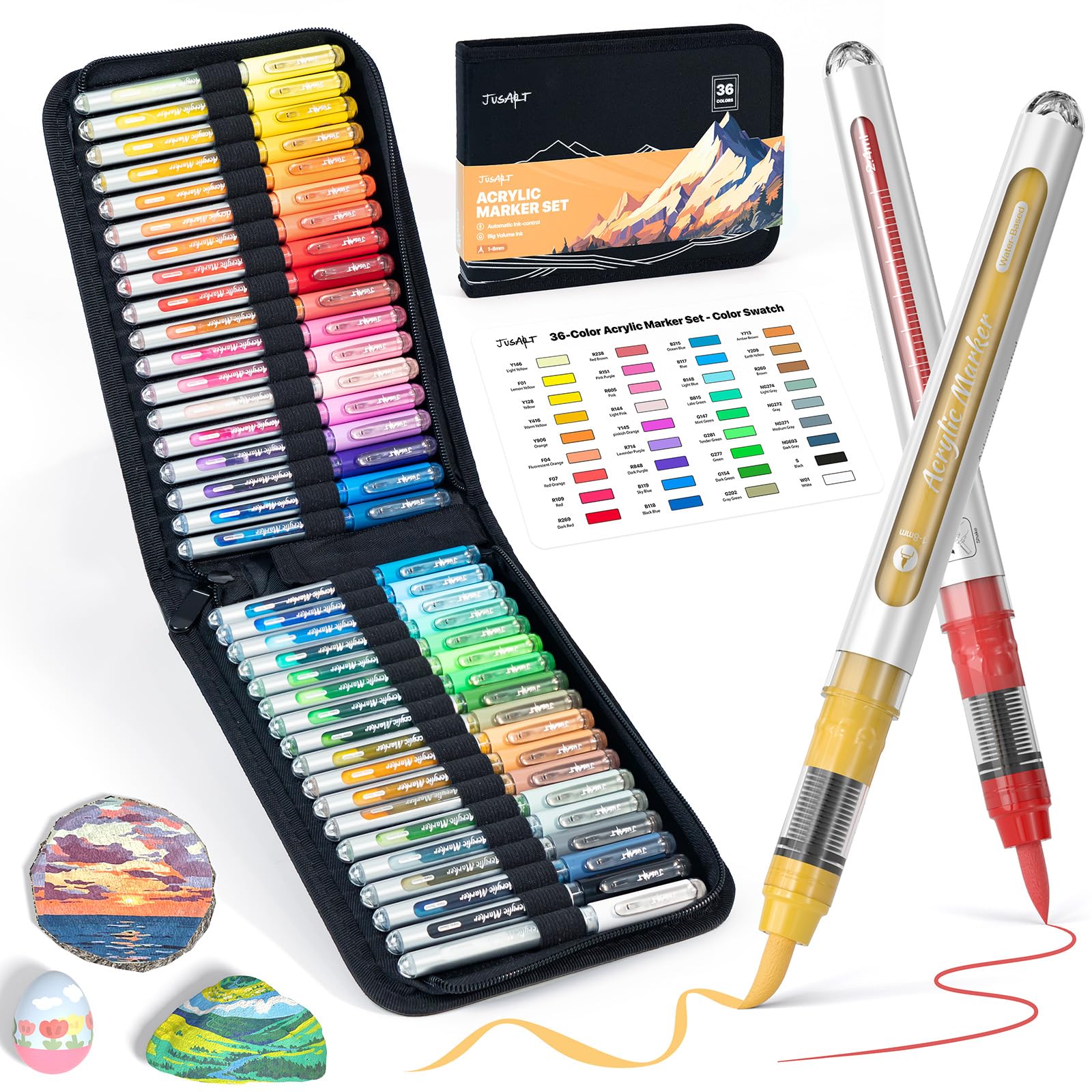 JusArt36 Colours Acrylic Paint Markers with Canvas Bag – Water-Based No-Bleed Paint Pens with Automatic Ink Control, Waterproof Brush Markers for Rock, Wood, Fabric, Glass, Eggs & DIY Crafts