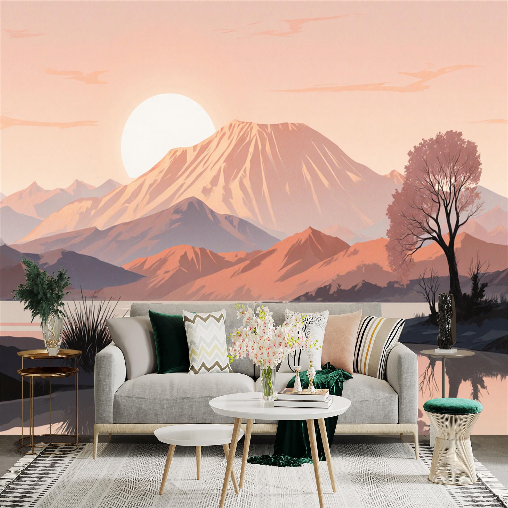 Custom Size Wall Sticker Mural， Sunset Mountain Landscape with Lake， Tree and Reflective Water， for wall Decoration， peelandstick wall Decals.