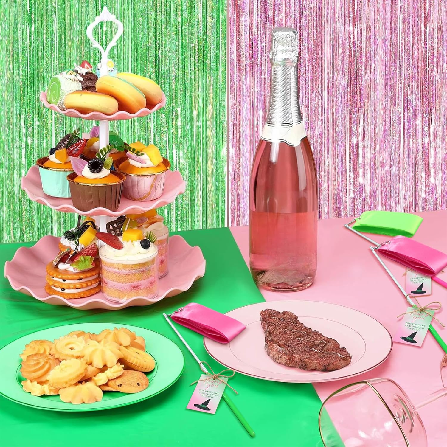 Soulchen 20 Pack Pink and Green Witch Party Favors Witch and Theme Wands with Thank You Cards Pink Green Dance Ribbons Birthday Party Favors Dance Streamers Gift(Magic)