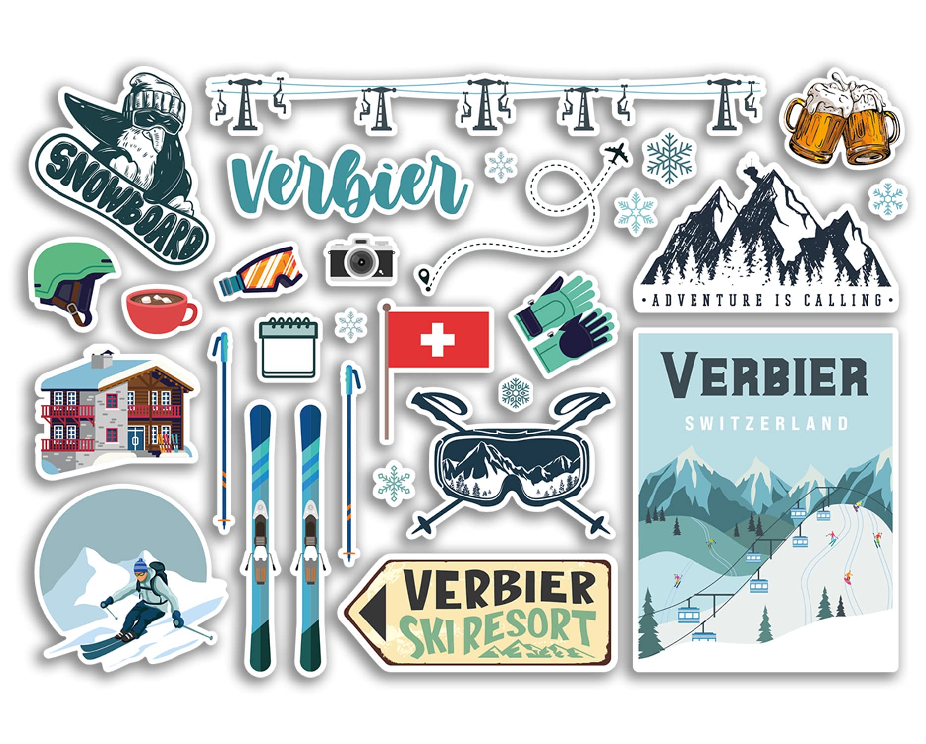 Dv Design Multi A5 Sticker Sheet Verbier Vinyl Stickers - Switzerland Swiss Ski Resort Mountains Snowboard Holiday Flag Travel Snow Sports Luggage Scrapbooking #79057