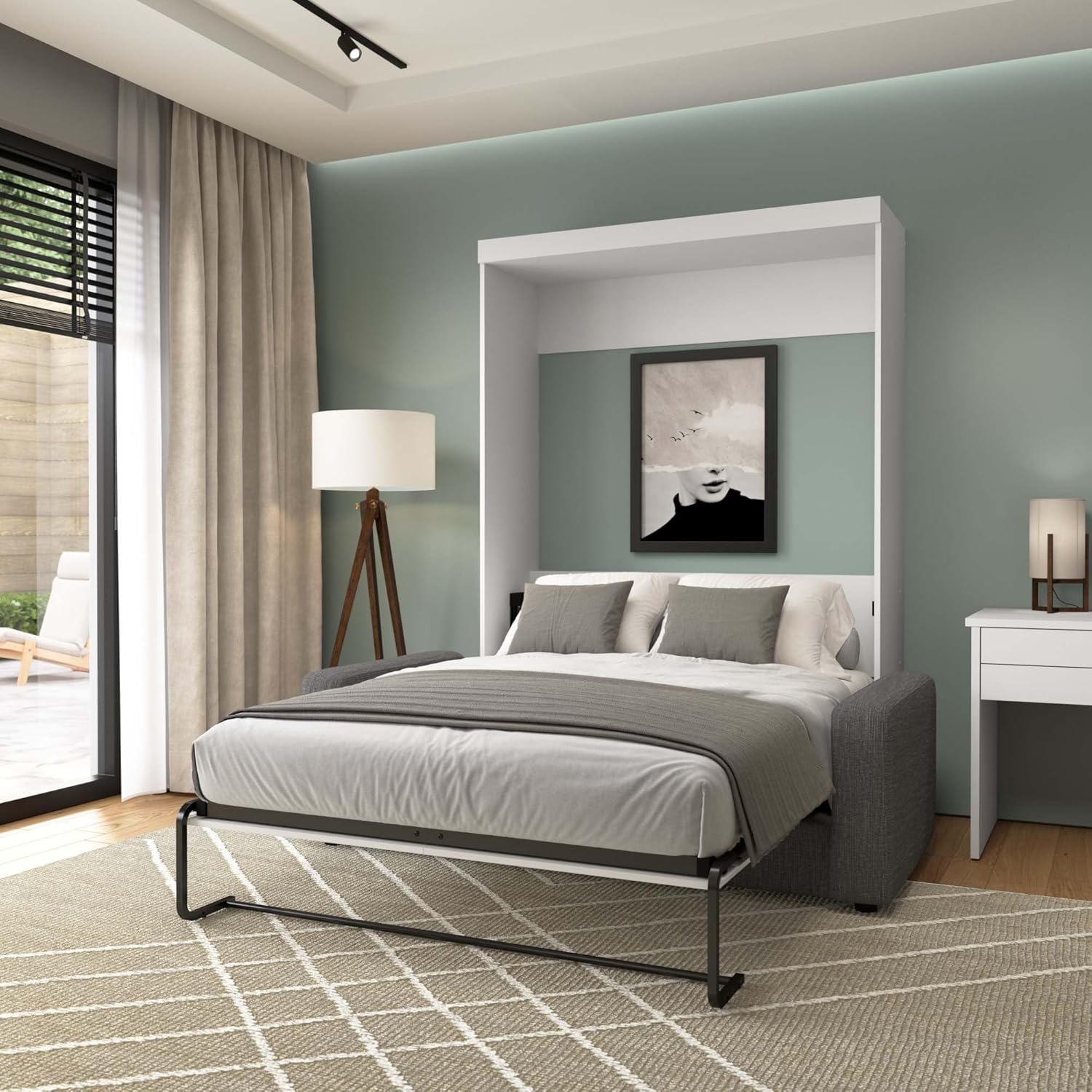 Bestar Nebula Full Murphy Bed with Sofa in open position, showing the full bed extended from the cabinet.