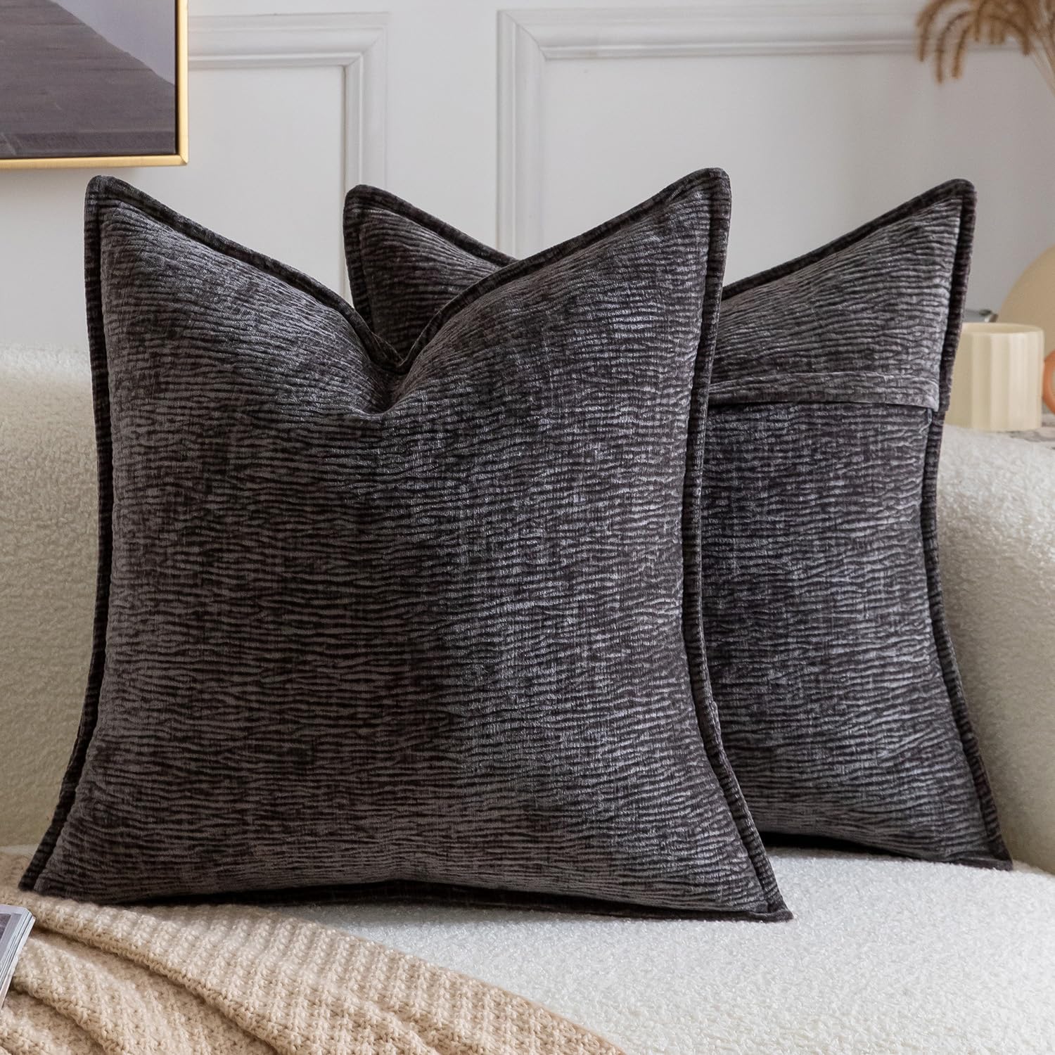 Madizz Pack of 2 Decorative Cushion Covers Soft Chenille Throw Pillows Solid Textured Throw Pillow Covers for Couch Sofa Bedroom Living Room 40x40 CM, Dark Grey โ image 1