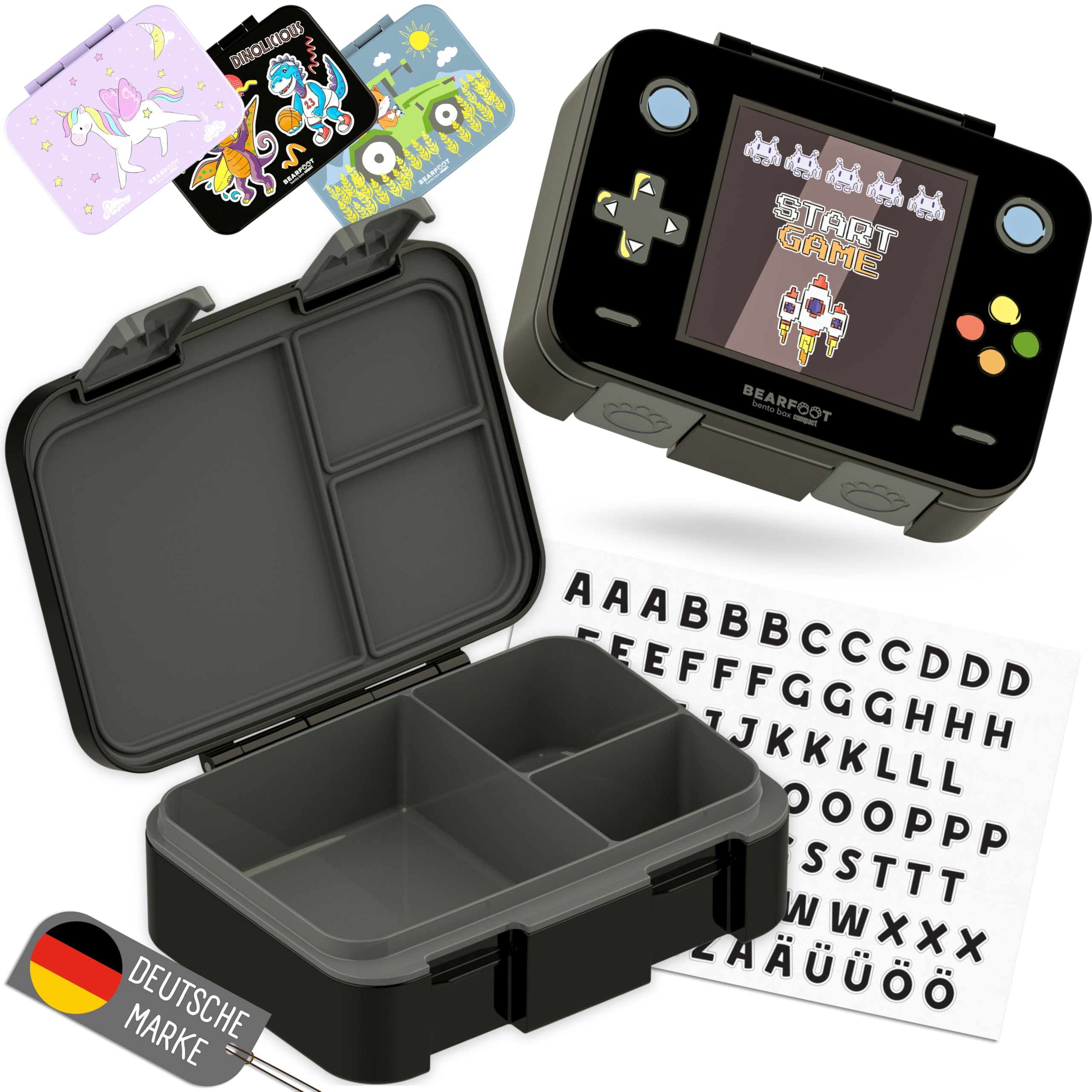 BEARFOOT Bento Box COMPACT | BPA-freie Kinder Brotdose für Schule & Kindergarten | Auslaufsichere Lunchbox für Mädchen & Jungen | Praktisch, leicht & kompakt (Game-schwarz, 650ml)