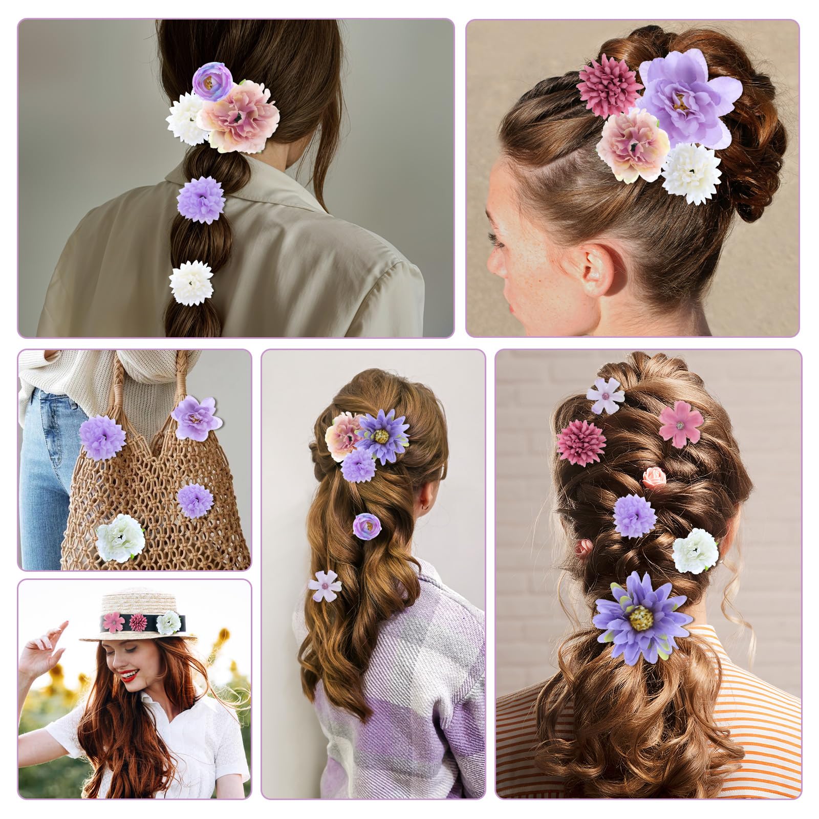 Tyqour 21 Pcs Silk Flower Hair Clips for Girls Aesthetic Flower Hair Accessories Roses Headdress Clips Boho Purple Floral Barrettes for Wedding Accessories Halloween Costumes (Purple and White) - Image 3